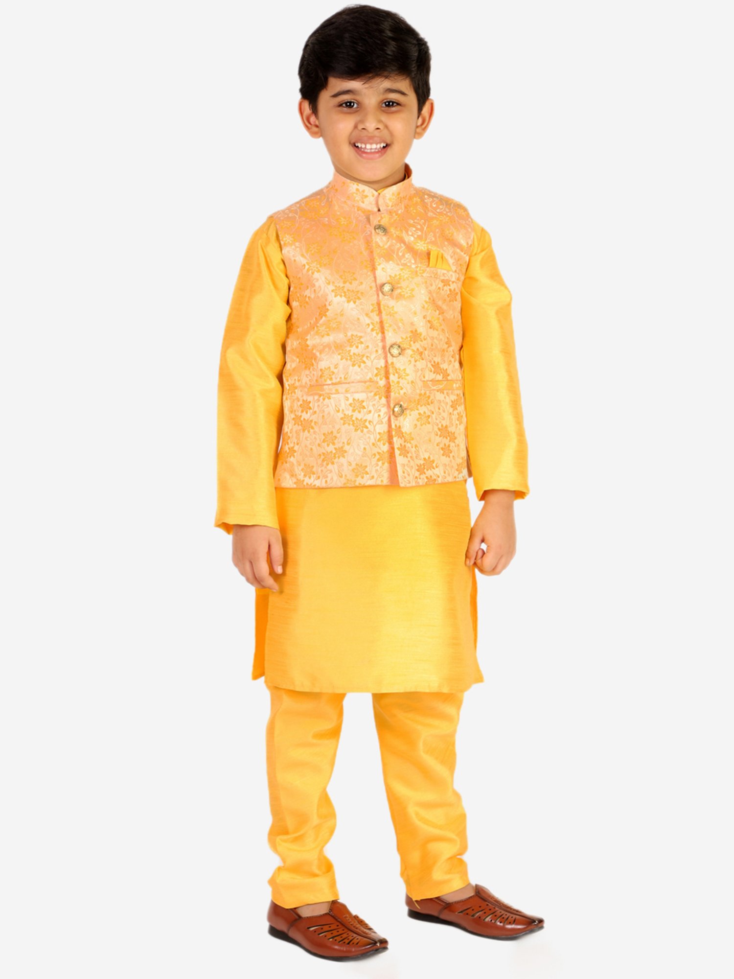 Pro-Ethic Style Developer Kids Yellow & Gold Floral Print Full Sleeves Kurta, Pyjamas with Waistcoat