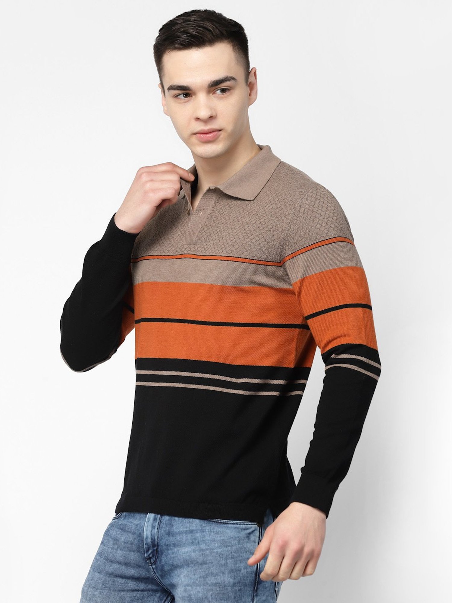 Kalt Black & Rust Regular Fit Striped Polo T-Shirt