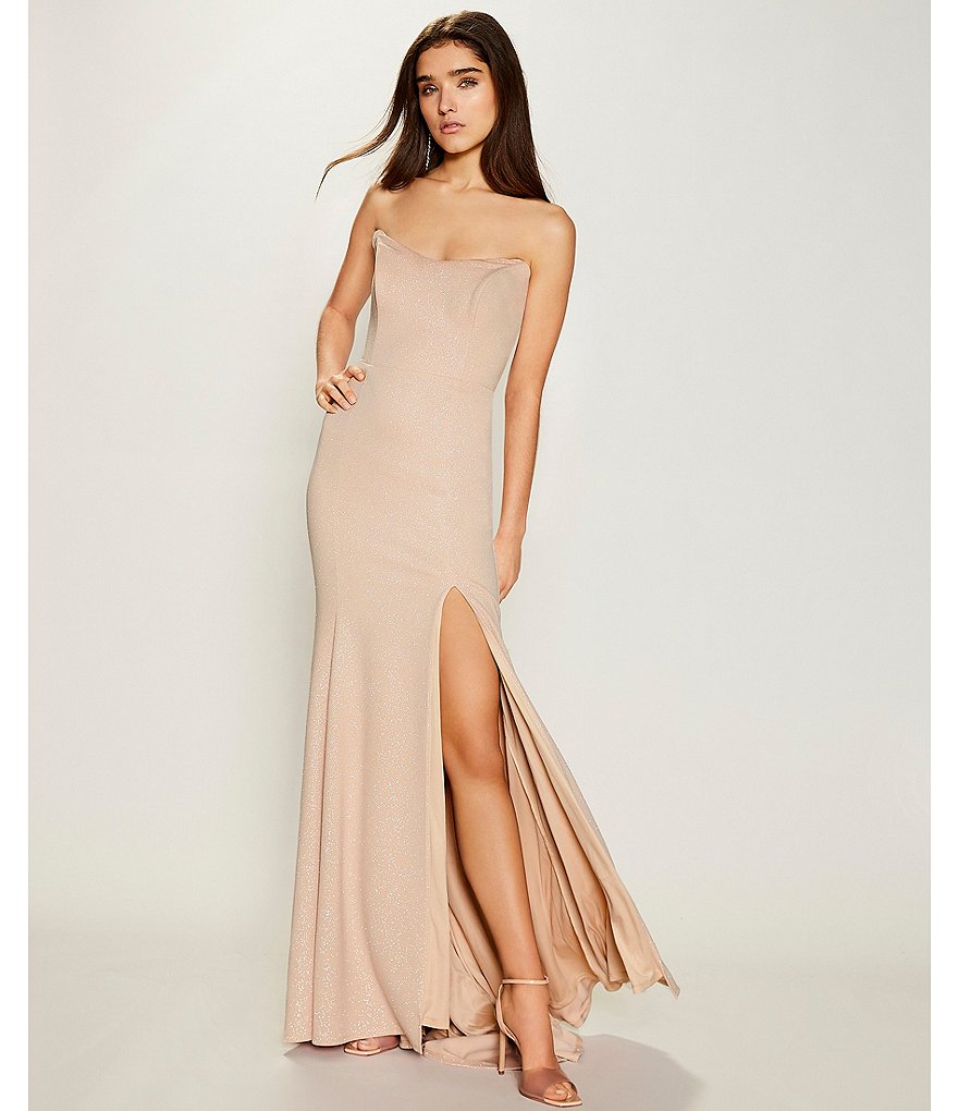 Jump Strapless Lace-Up Back Side Slit Glitter Scuba Slim Long Dress