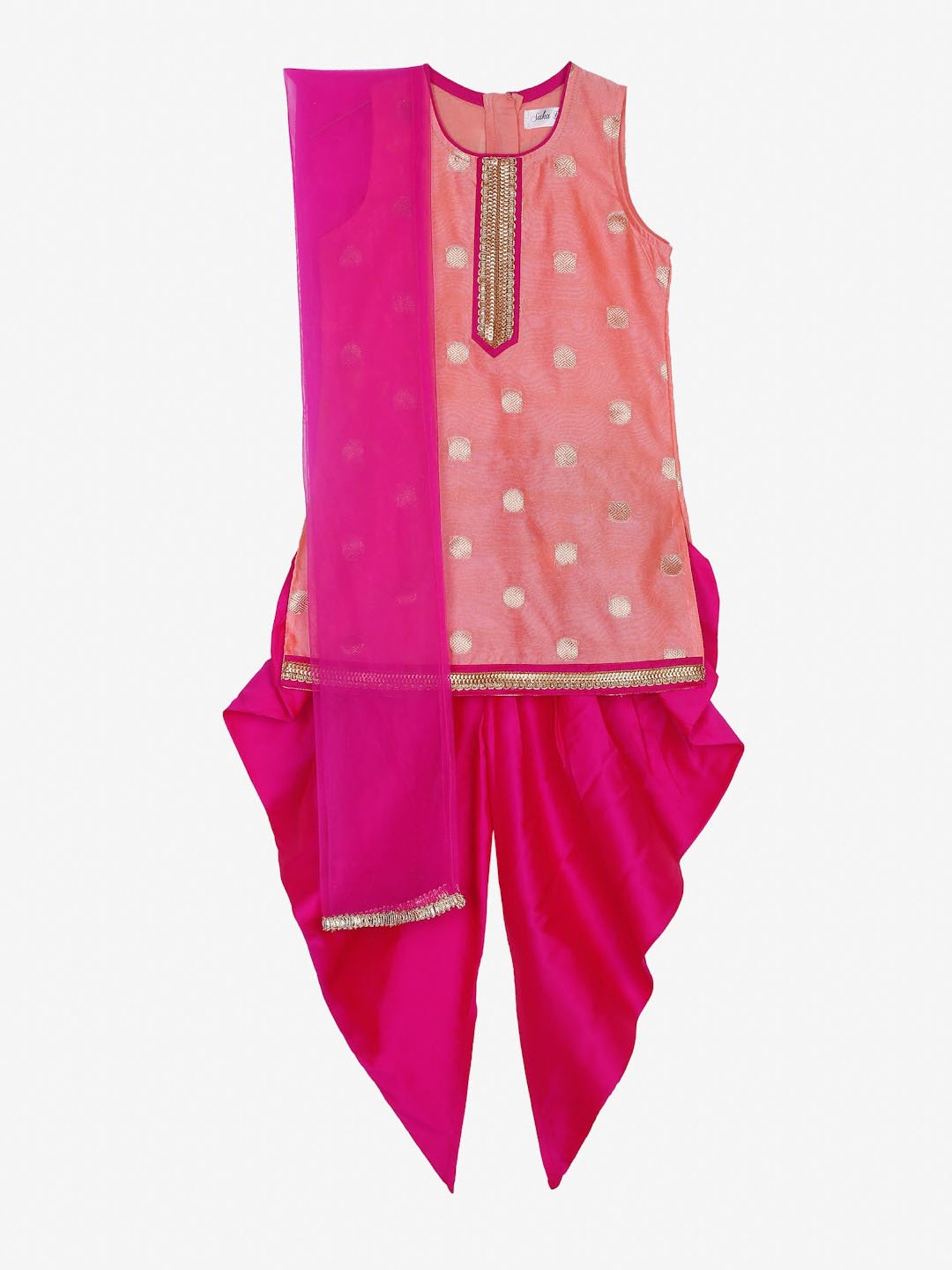 Saka Designs Kids Peach & Magenta Printed Kurta with Dhoti & Dupatta