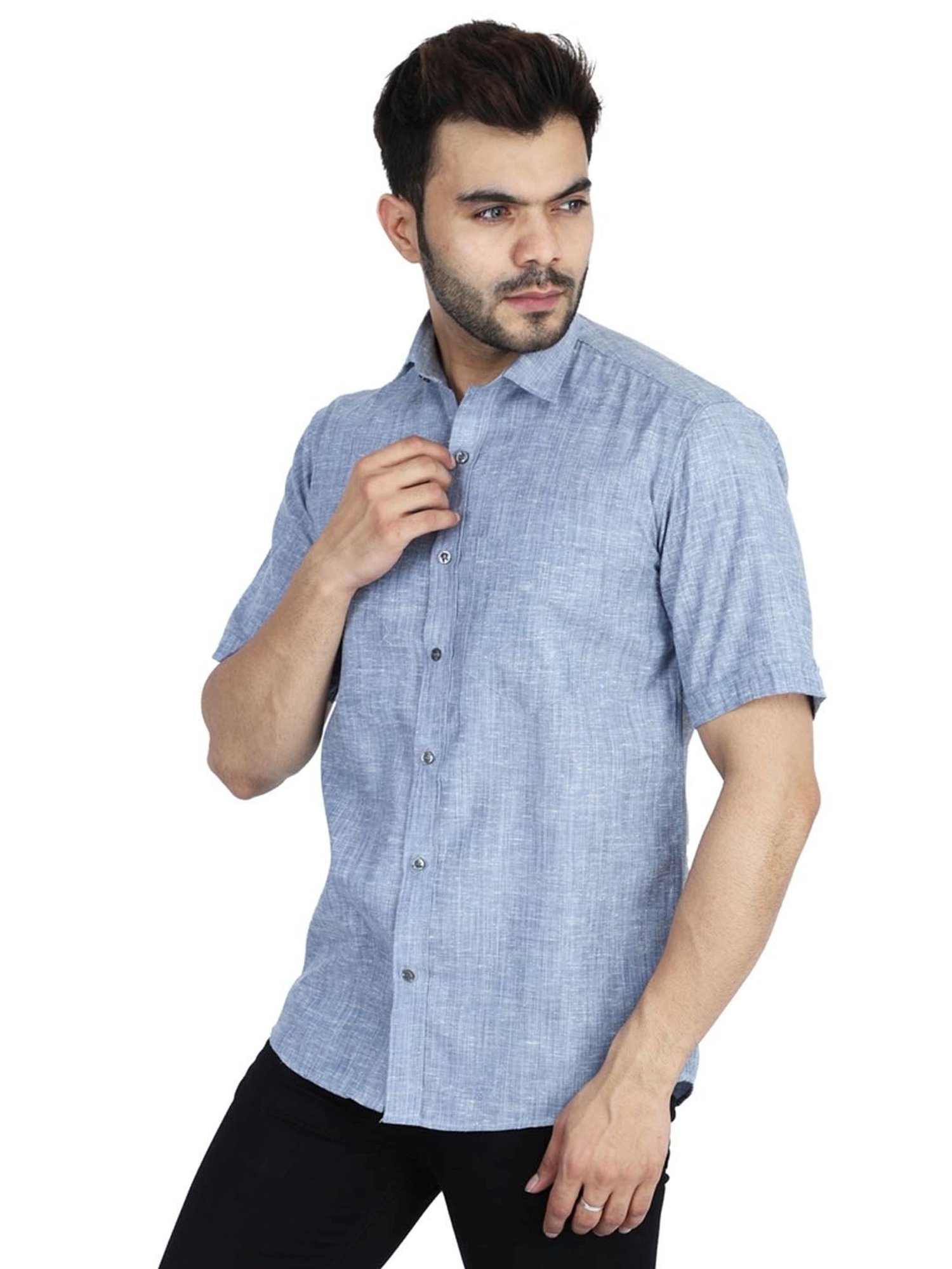 TAHVO Grey Linen Slim Fit Self Pattern Shirt
