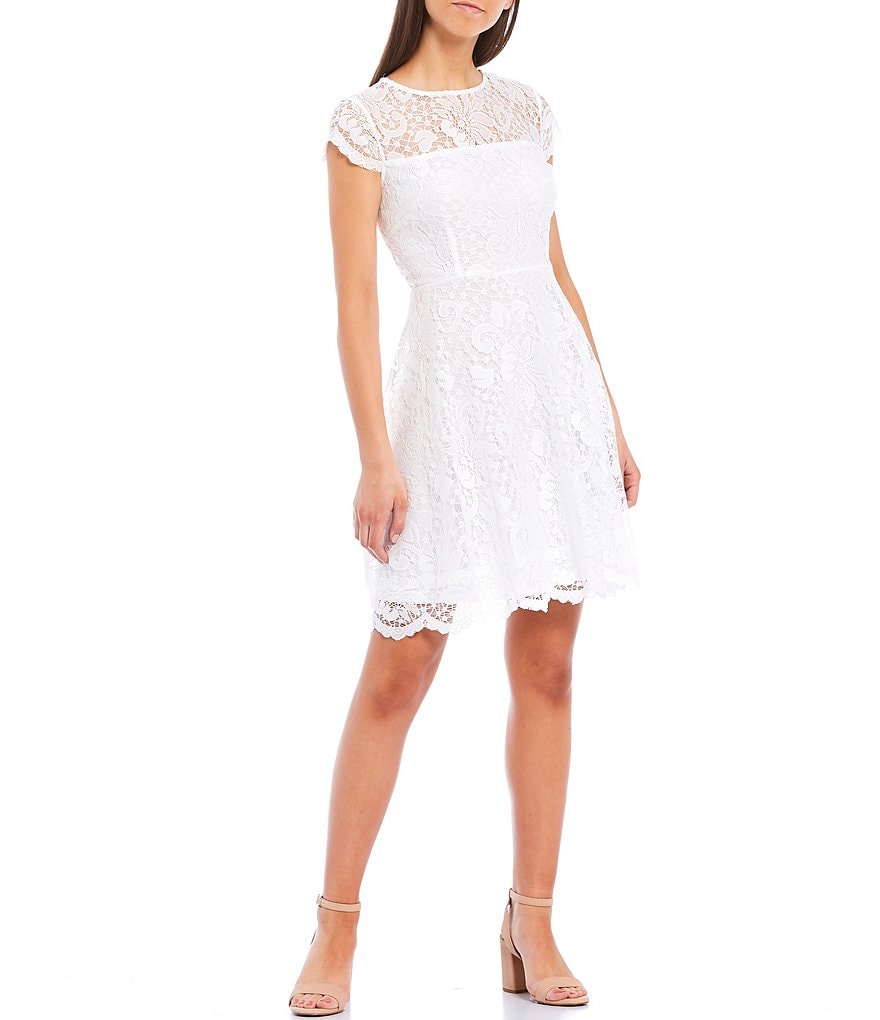 Kensie Illusion Neck Cap Sleeve Lace Fit & Flare Scallop Hem Fit & Flair Dress