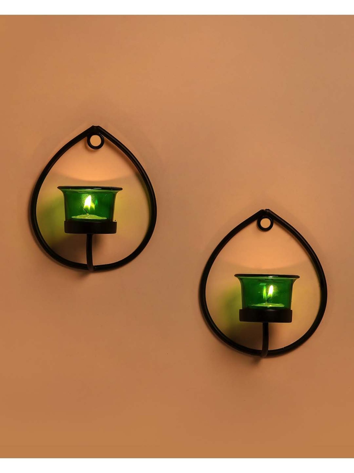 Homesake 'Diwali' Black & Green Metal Wall Candle Holder With Tea Light Candle - Set of 2