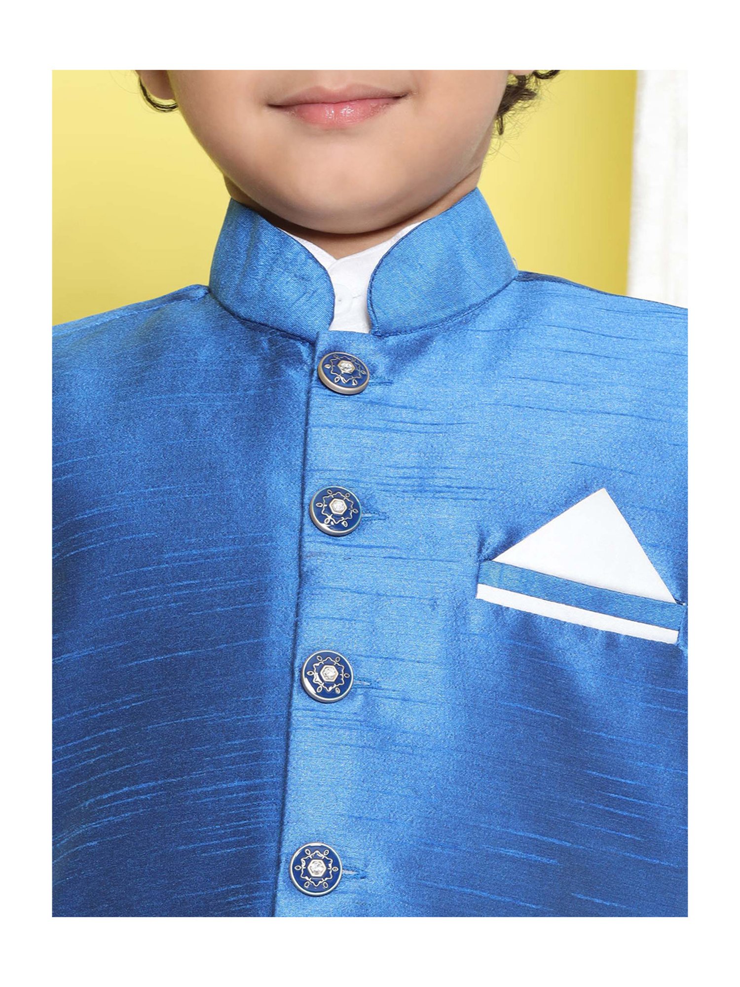 AJ Dezines Kids White & Blue Solid Full Sleeves Kurta, Trousers with Waistcoat