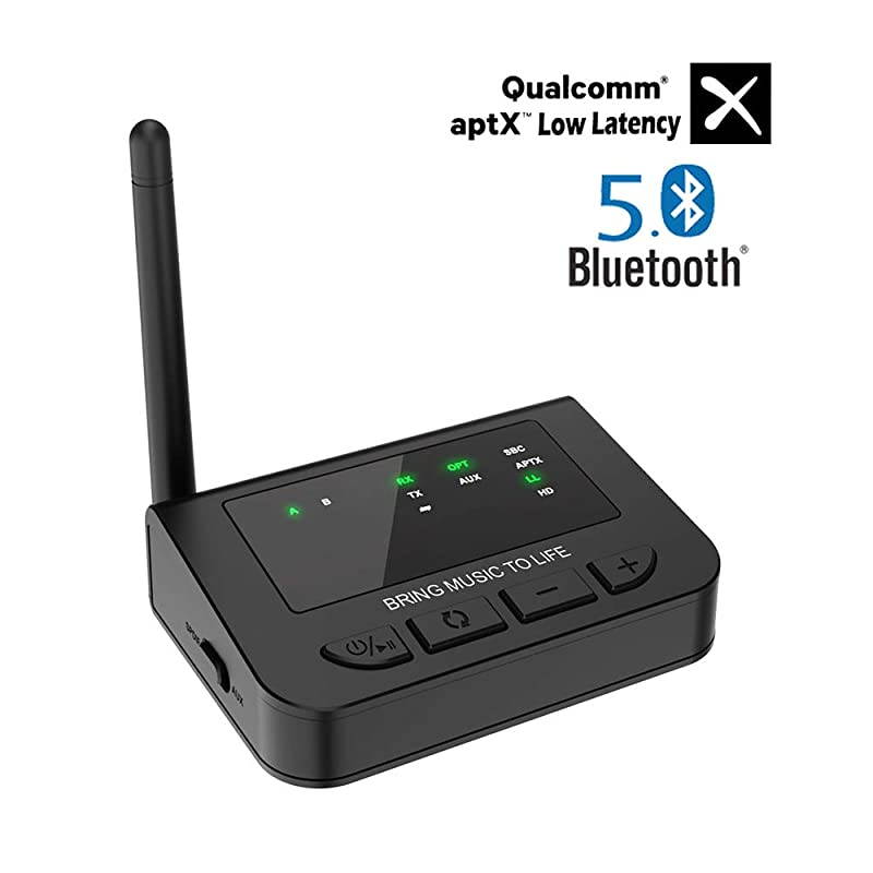 aptX HD Long Range Bluetooth 50 Transmitter Receiver for TV Wireless Audio Adapter with PassThru for Home Stereo Optical AUX RCA Always ON aptX Low Latency Dual Stream Pair to AirPods