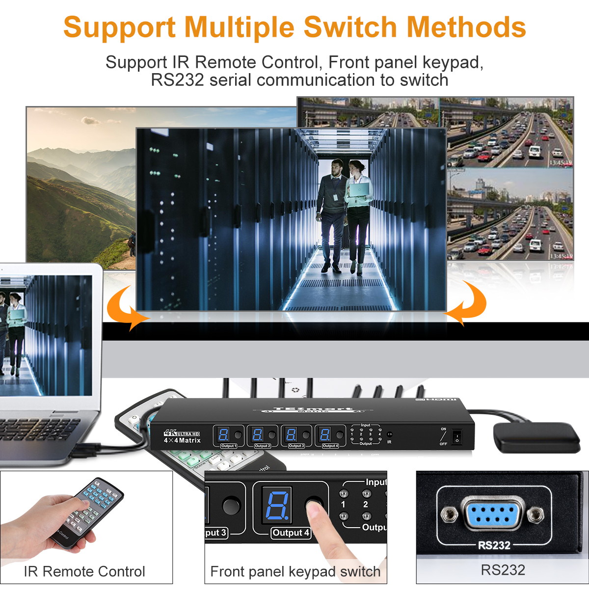 TESmart 4X4 Matrix Switcher 4K Ultra HD HDMI 4 Ports Inputs and 4 Port Outputs with RS232 IR Remote Control Supports 4Kx2K@30HZ, HDCP, 3D & Deep Color, HDMI 1.4 Compliant