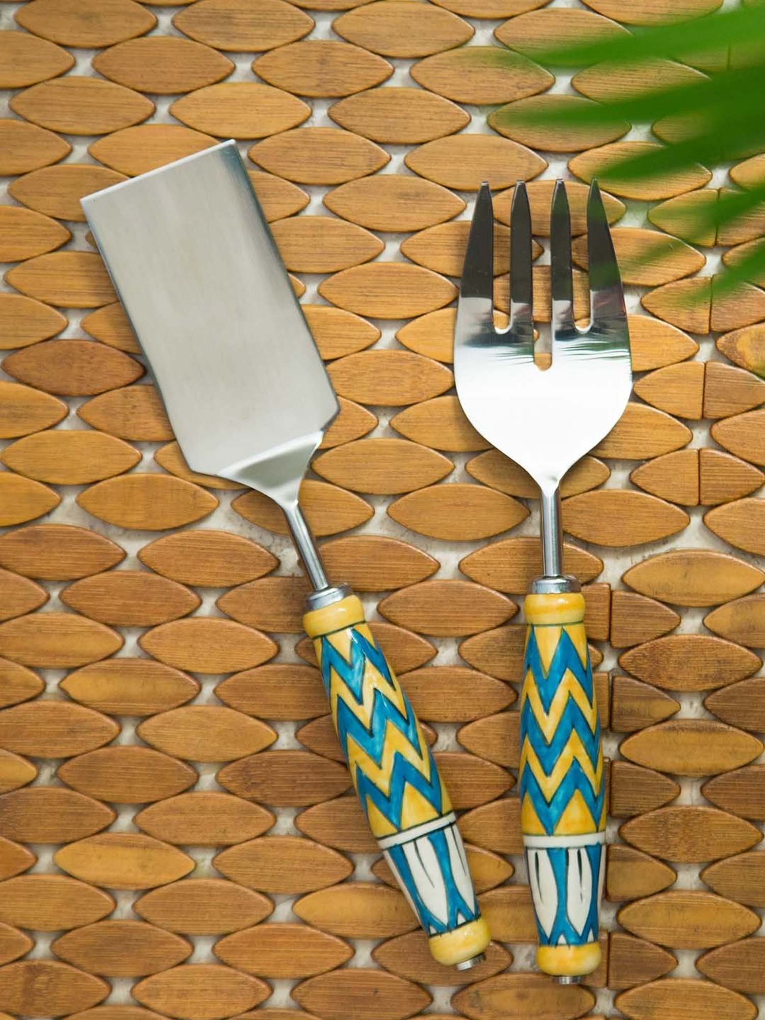 ExclusiveLane 'The Mughal Paich Daar' Serving Fork & Scraper In Stainless Steel & Ceramic (Set of 2)