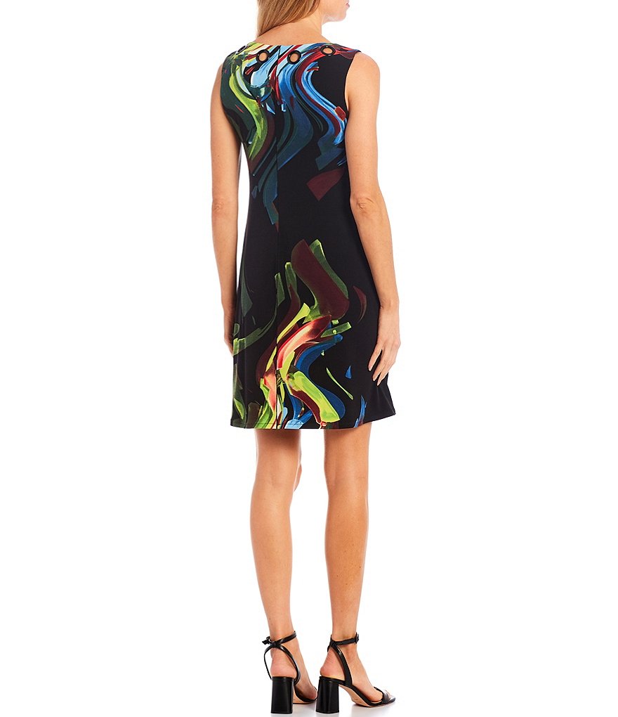 Eva Varro Evelyn Abstract Placement Print Knit Boat Neck Grommet Trim Sleeveless A-Line Dress
