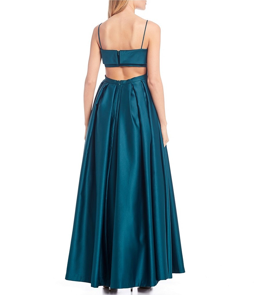 Morgan & Co. Spaghetti Strap Cut-Out Back Satin Ball Gown