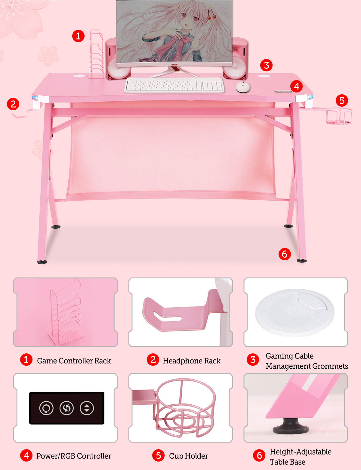 E-WIN&reg; 2.0 Edition RGB Gaming Desk with RGB Lights, Smart Wireless Charger, USB Port, Controller Stand And Cup Holder