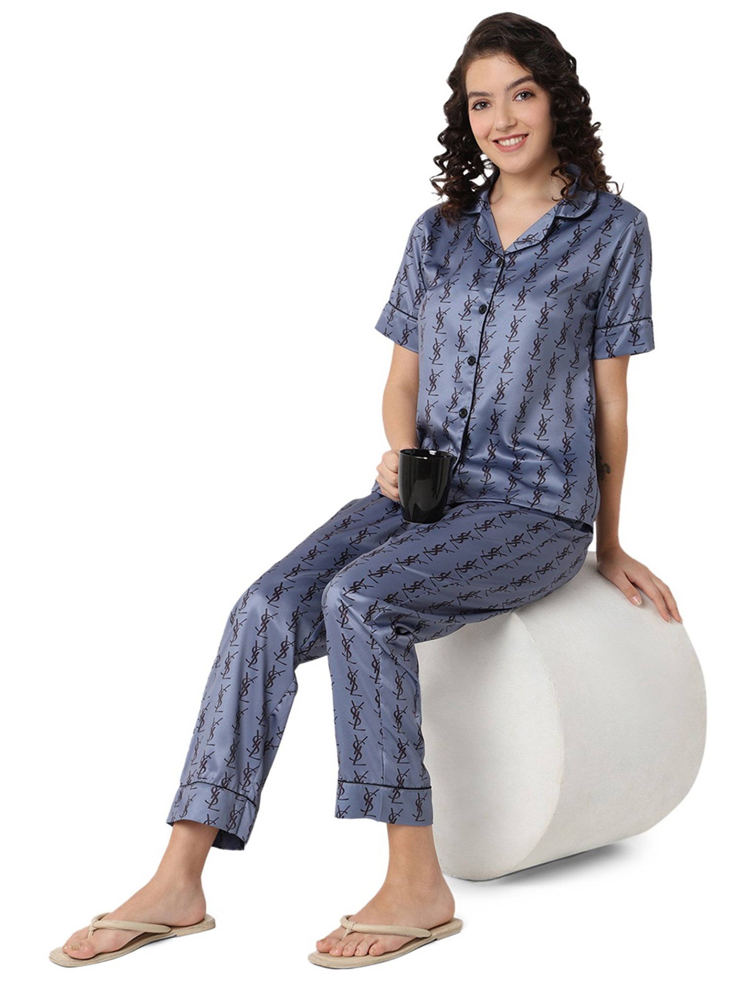 Smarty Pants Light Grey & Black Satin Printed Shirt With Pyjamas