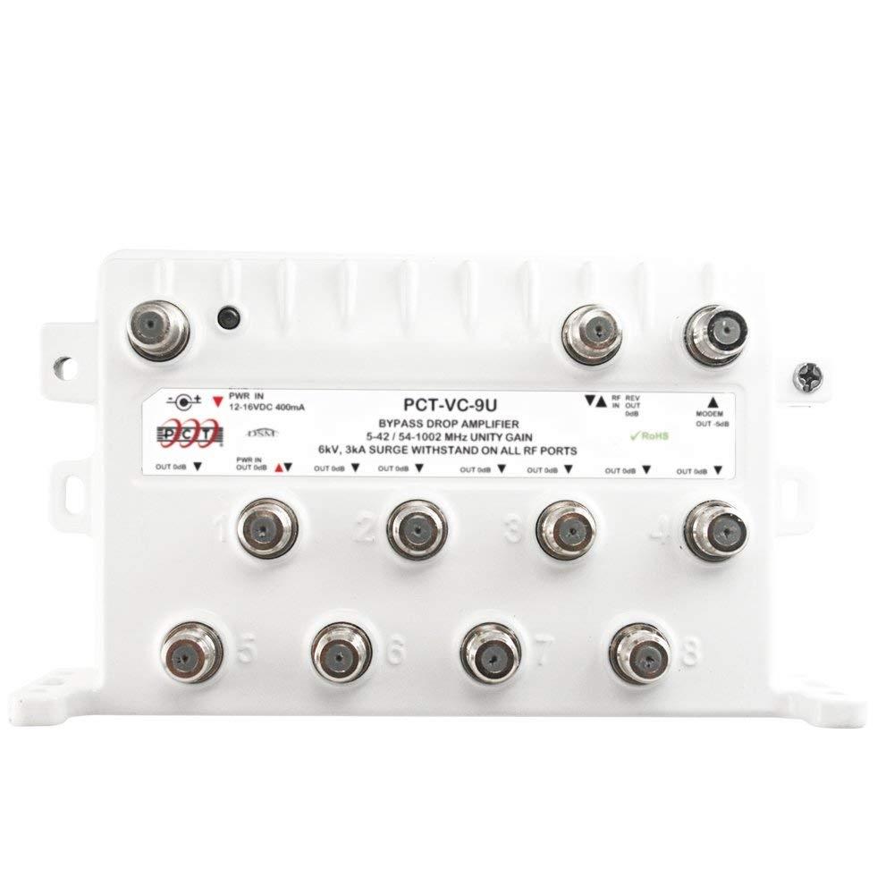 PCT 8 Port Bi-Directional Cable TV Splitter Signal Booster/Amplifier with Active Return Zero Signal Loss and VoIP Telephone Bypass,white