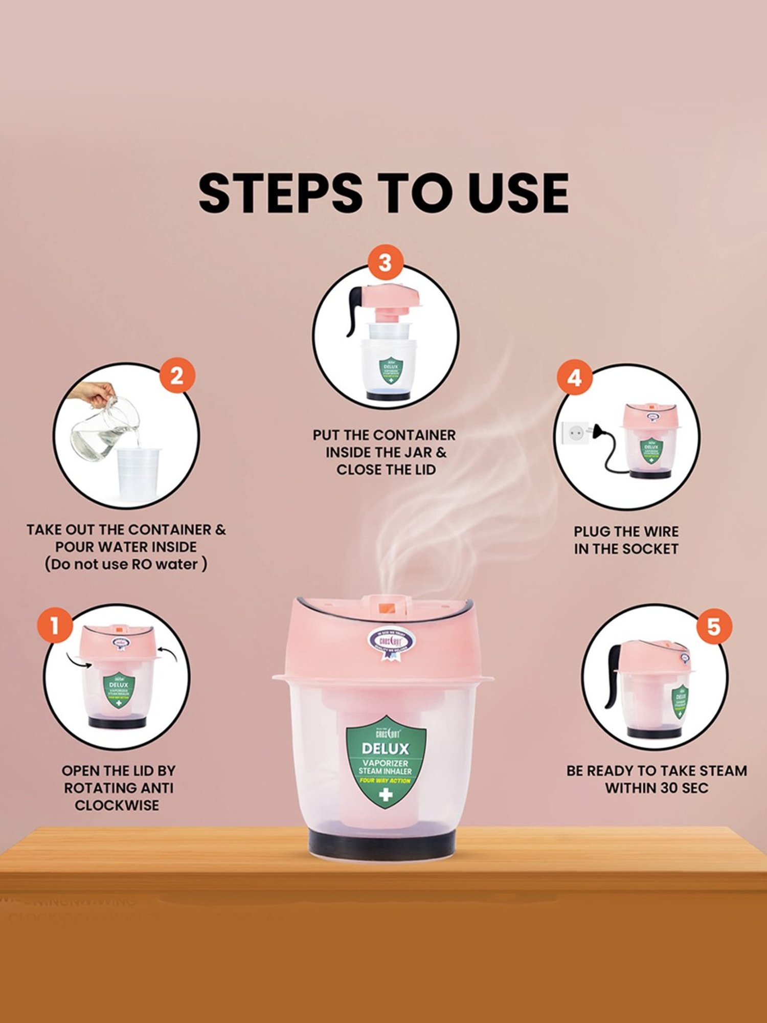 Crescent Delux Facial Steamer Vaporizer for Cold & Cough, Separate Water Storage Container (Pink)