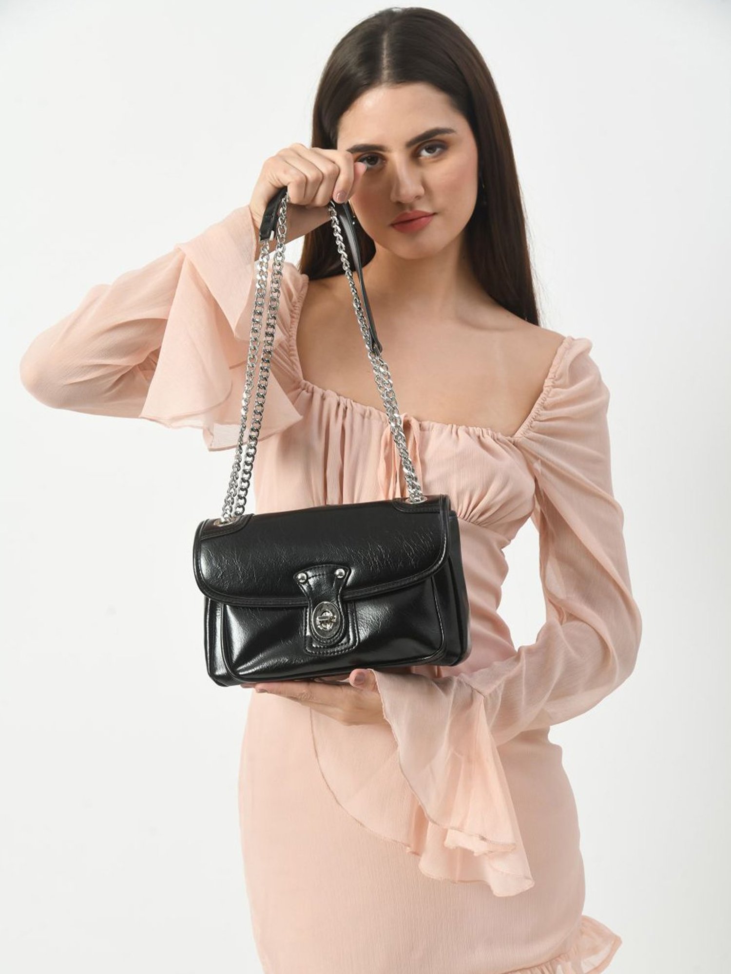 Angeline Black Solid Medium Sling Handbag