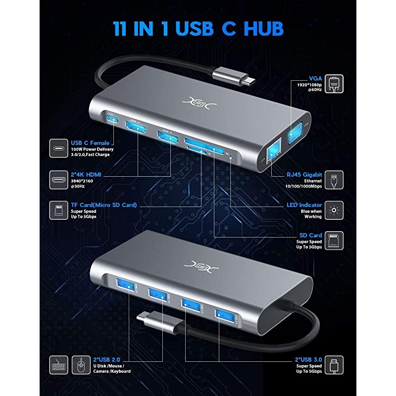 USB C Laptop Docking Station 11 in 1 USB C Hub Triple Display for Multiple devices4K HDMIVGA4USB100W Ethernet PortSDTF CardCompatible for Type C Laptops MacBook ChromeBook MateBook