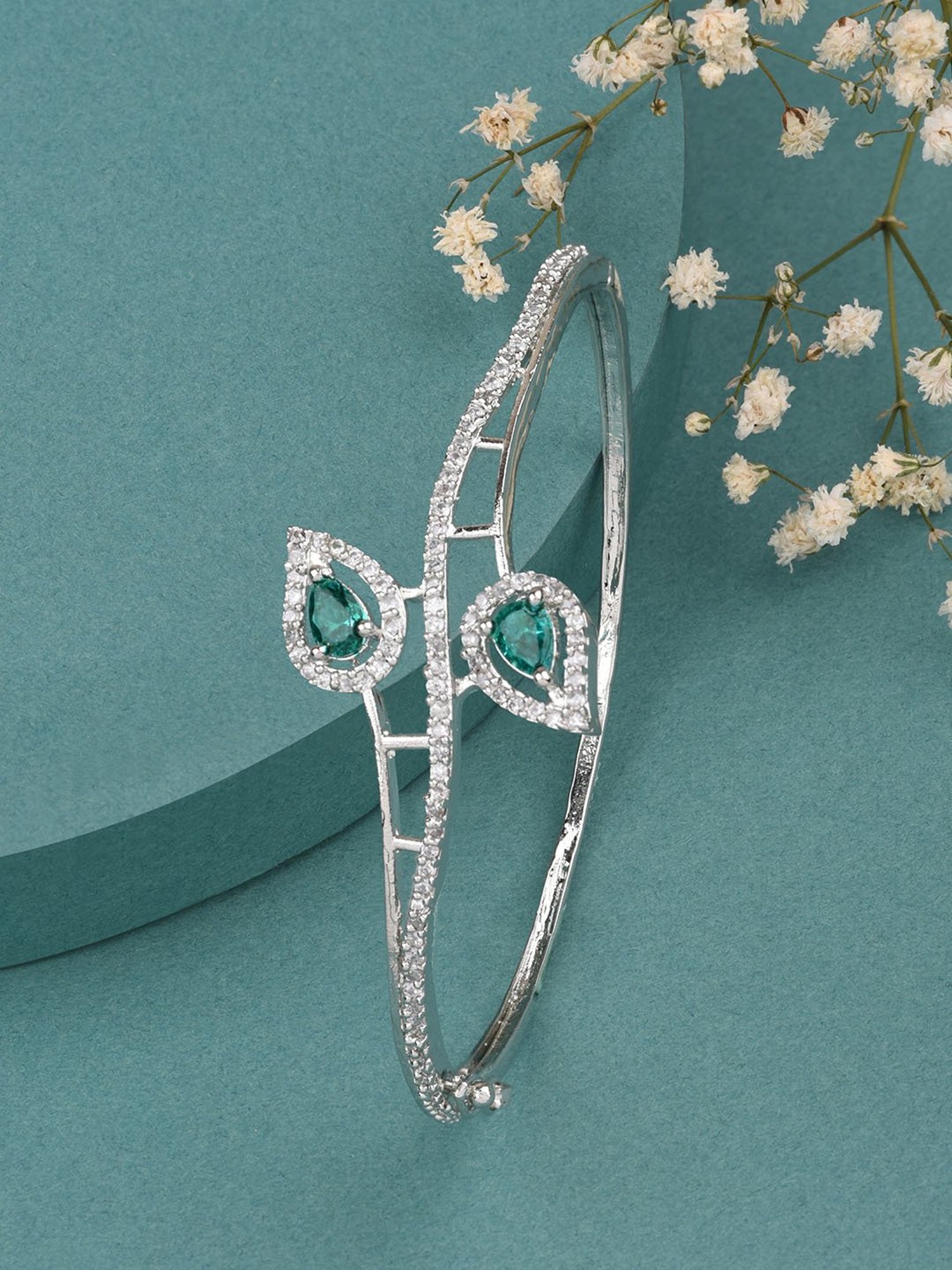 Fida American Diamond Emerald Silver-Plated Leaf Bangle-style Bracelet for Women