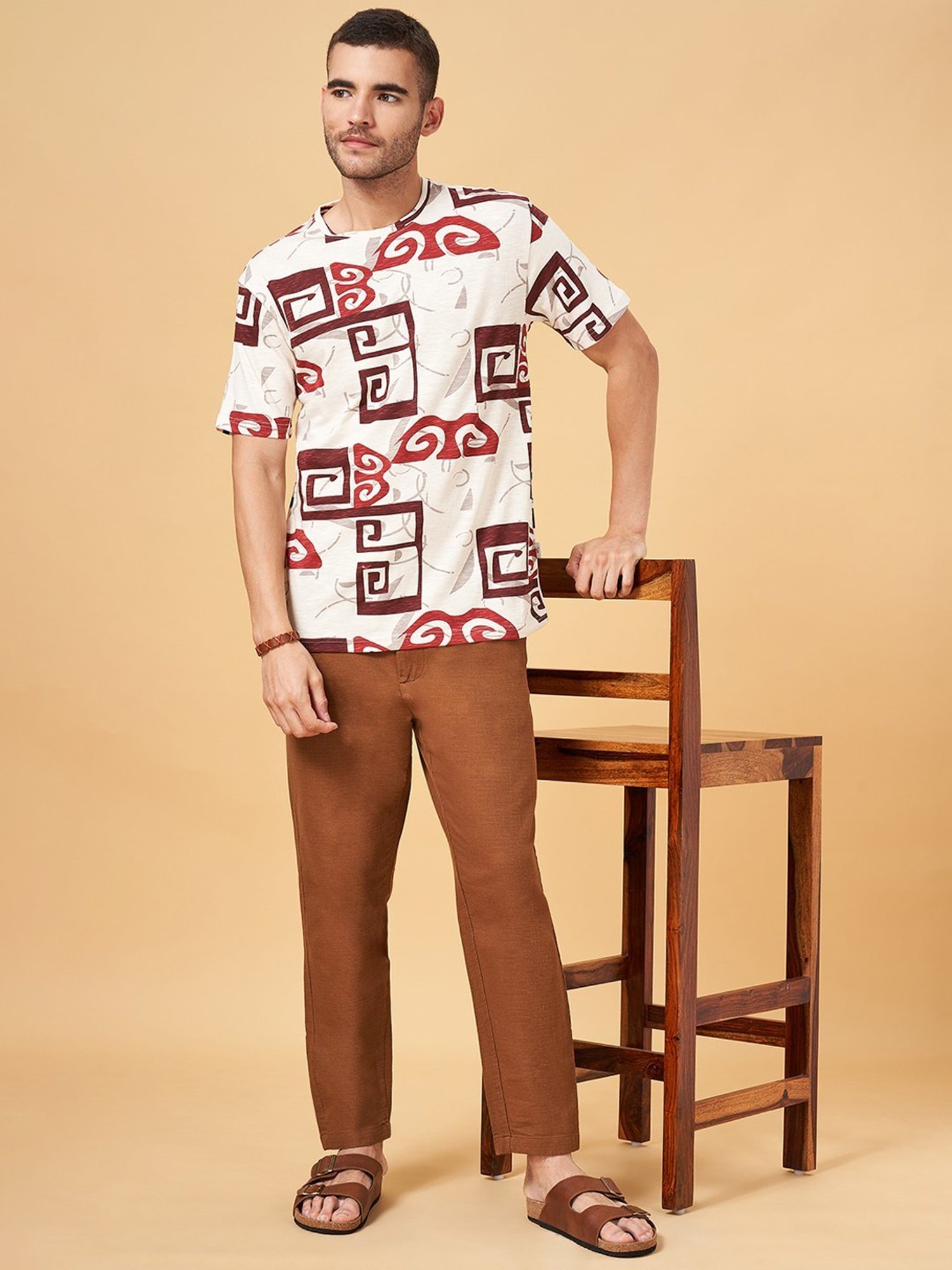 7 Alt by Pantaloons Ivory Cotton Relaxed Fit Printed T-Shirt