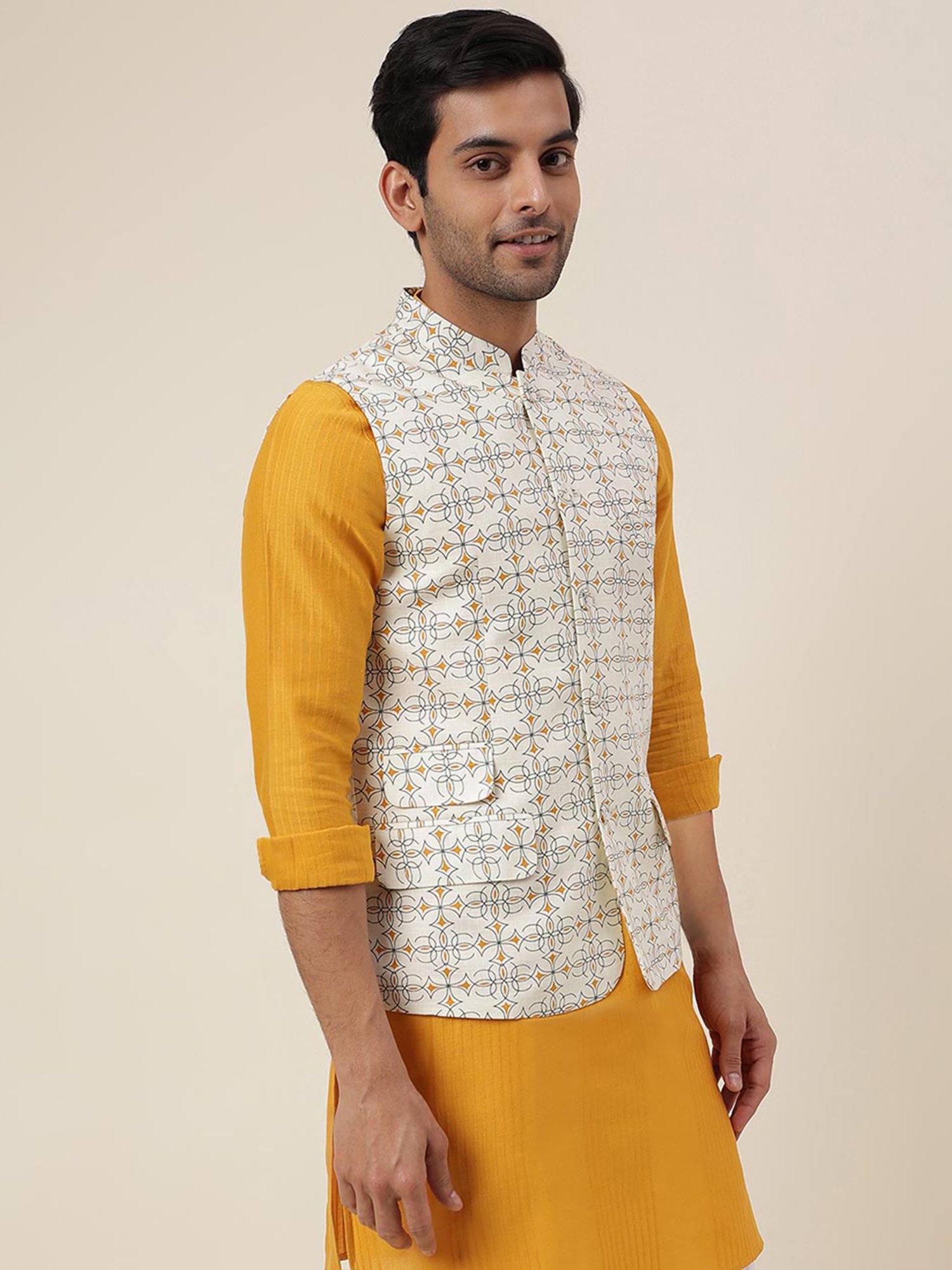 FabBasics by Fabindia Off White Slim Fit Printed Nehru Jacket