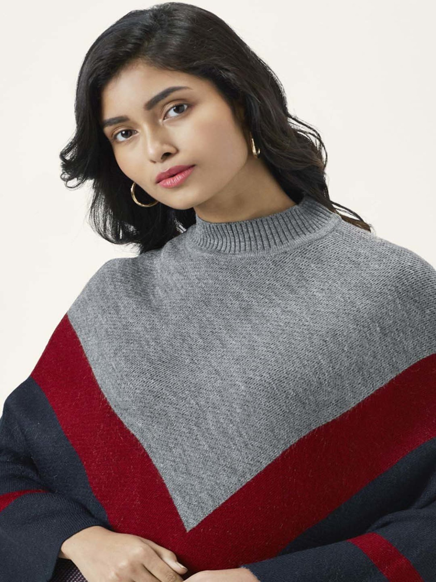 Honey by Pantaloons Maroon & Grey Jacquard Pattern Poncho