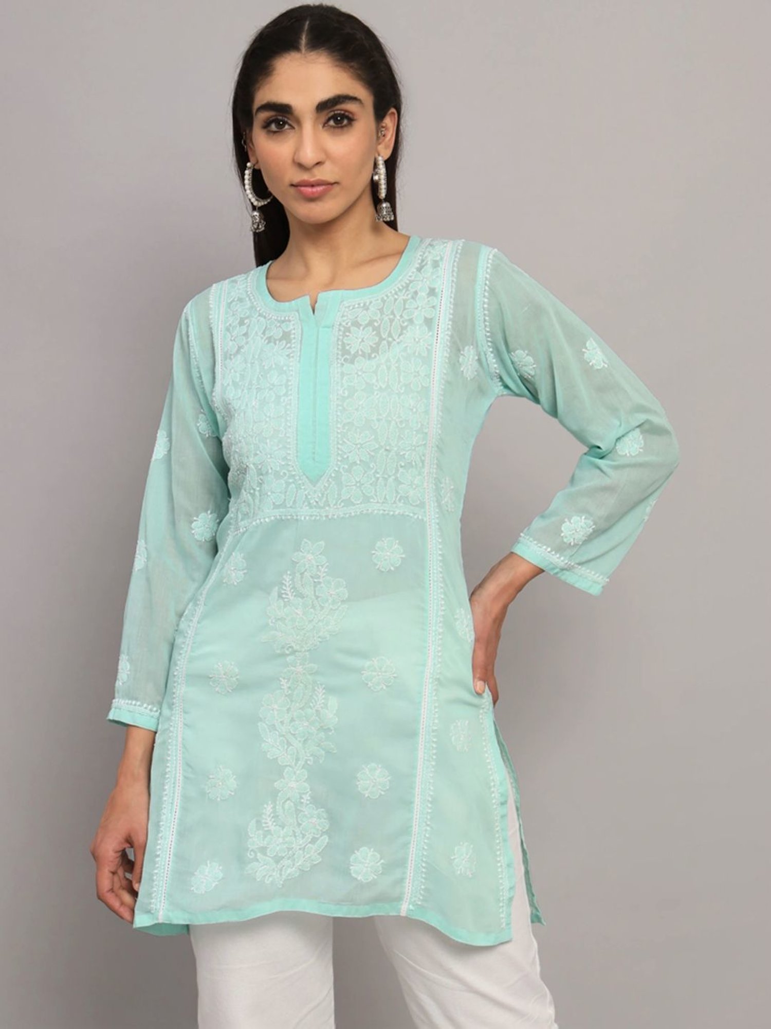 PARAMOUNT CHIKAN Sea Green Cotton Hand Embroidered Chikankari Straight Kurti