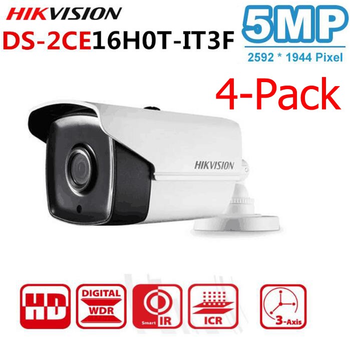 Hikvision DS-2CE16H0T-IT3F Bullet Bullet CCTV Camera, 5MP HD-TVI/AHD/CVI/CVBS CCTV Camera. 2.8mm Lens Wide Angle Lens, IP67, IR Smart for HD-TVI, AHD, CVI, and CVBS Analog DVR , 4 Camera Kit
