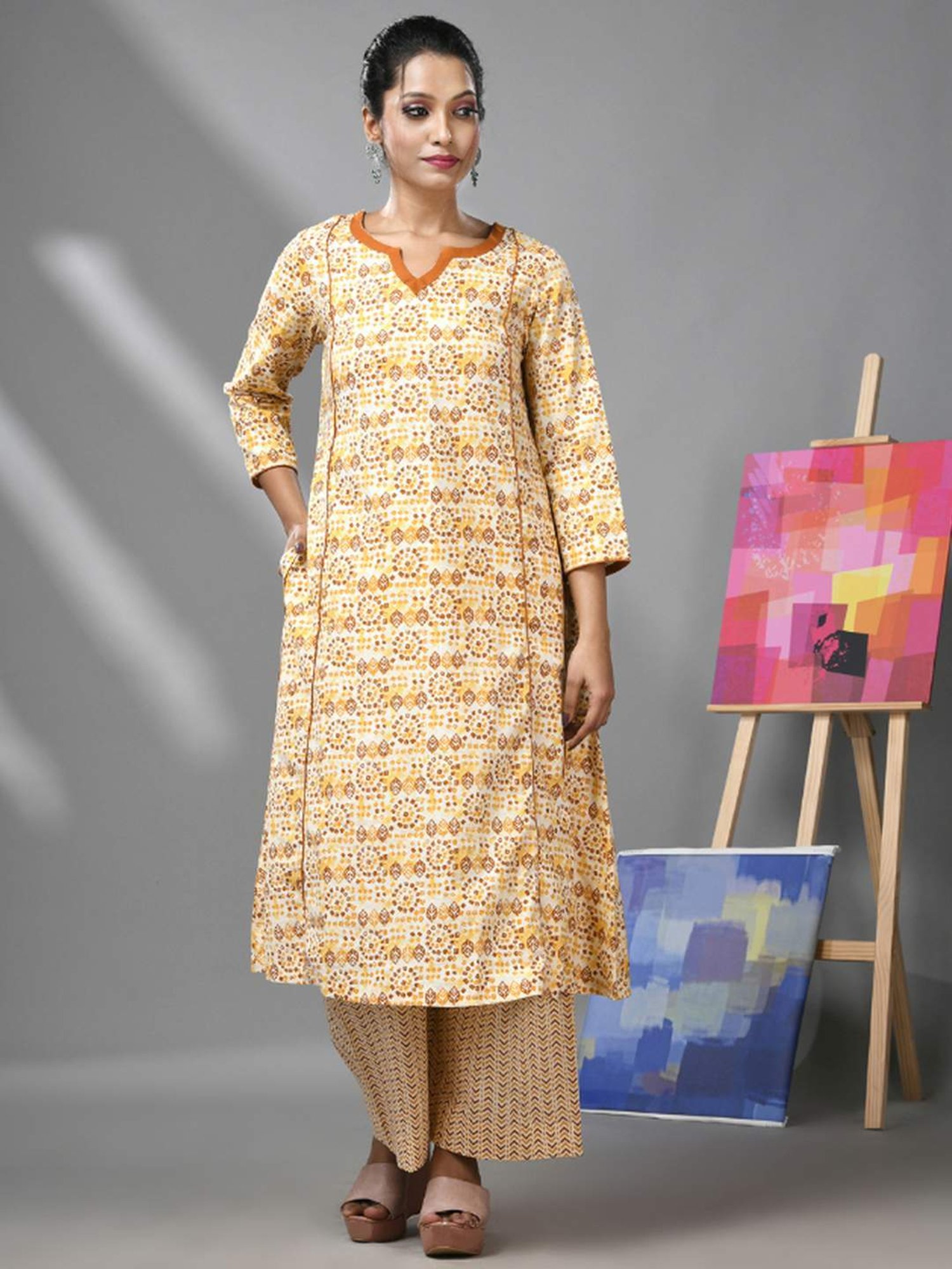 CHARUKRITI Beige Cotton Printed Kurta Palazzo Set