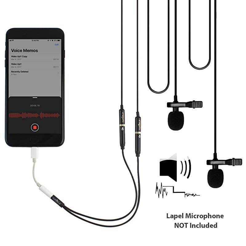 Professional  Dual Mic Adapter 35mm Jack Headset Splitter 4 Pole Male to 2 Dual Female Lavalier Lapel Microphone for Apple iPhone iPod Android Windows Smartphones Headphones Mic + Audio