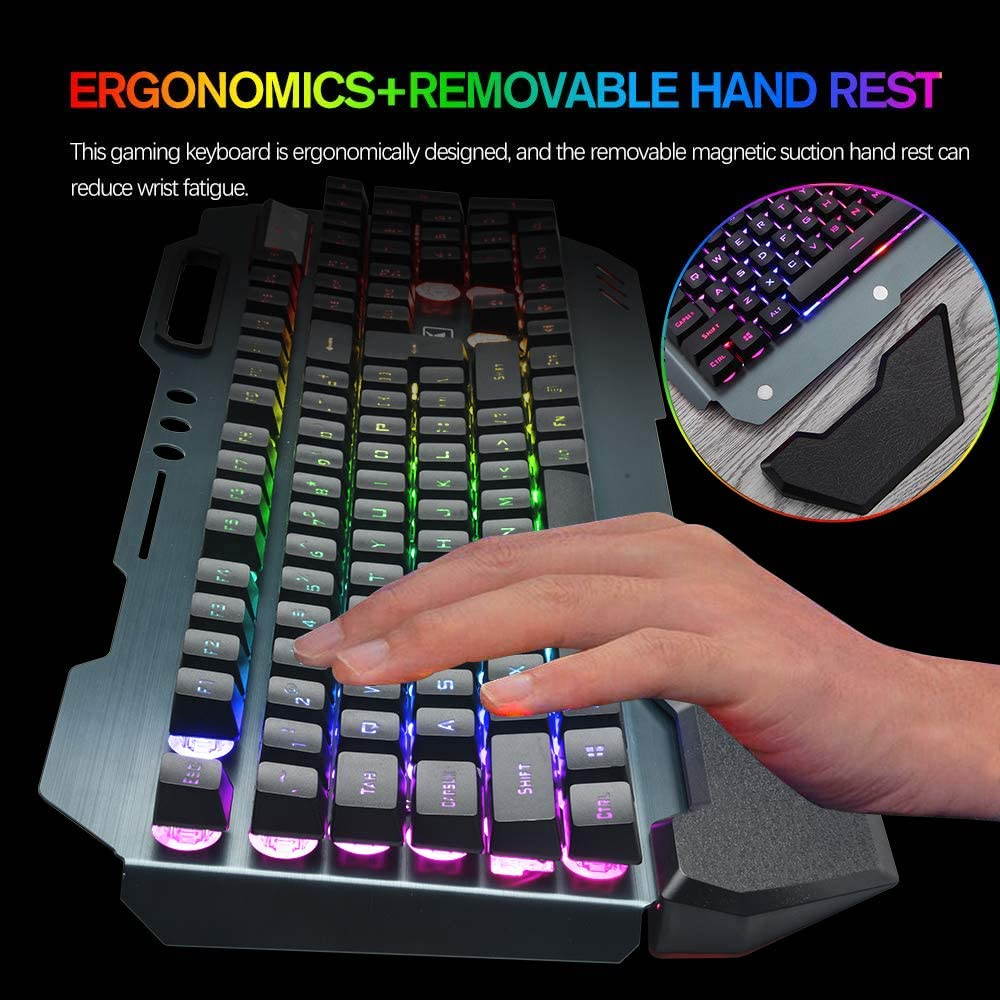 Wireless Gaming Keyboard and Mouse,Rainbow Backlit Rechargeable Keyboard Mouse with 3800mAh Battery Metal Panel,Removable Hand Rest Mechanical Feel Keyboard and 7 Color Gaming Mute Mouse for PC Gamers
