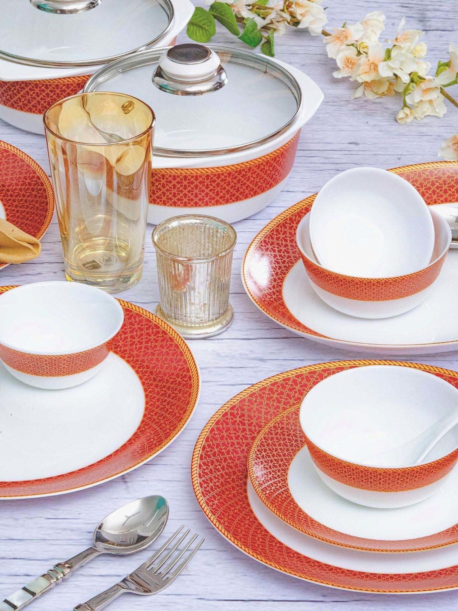 Cello White & Rust Glass Dinner Set