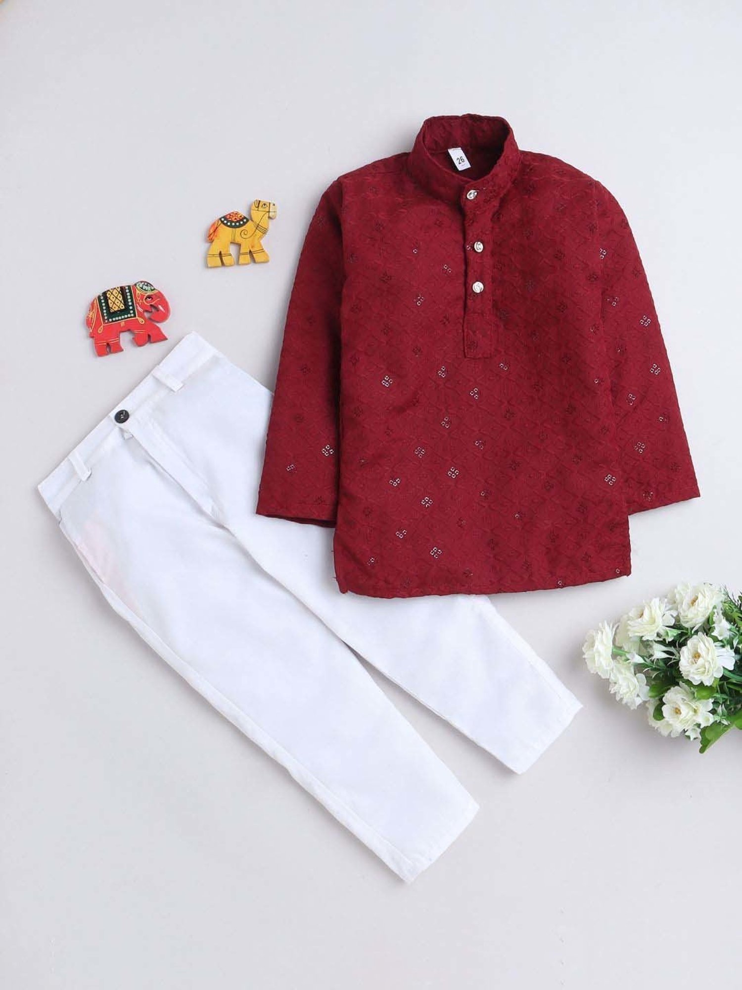 Fourfolds Boys Maroon Cotton Embroidery Full Sleeves Kurta Set