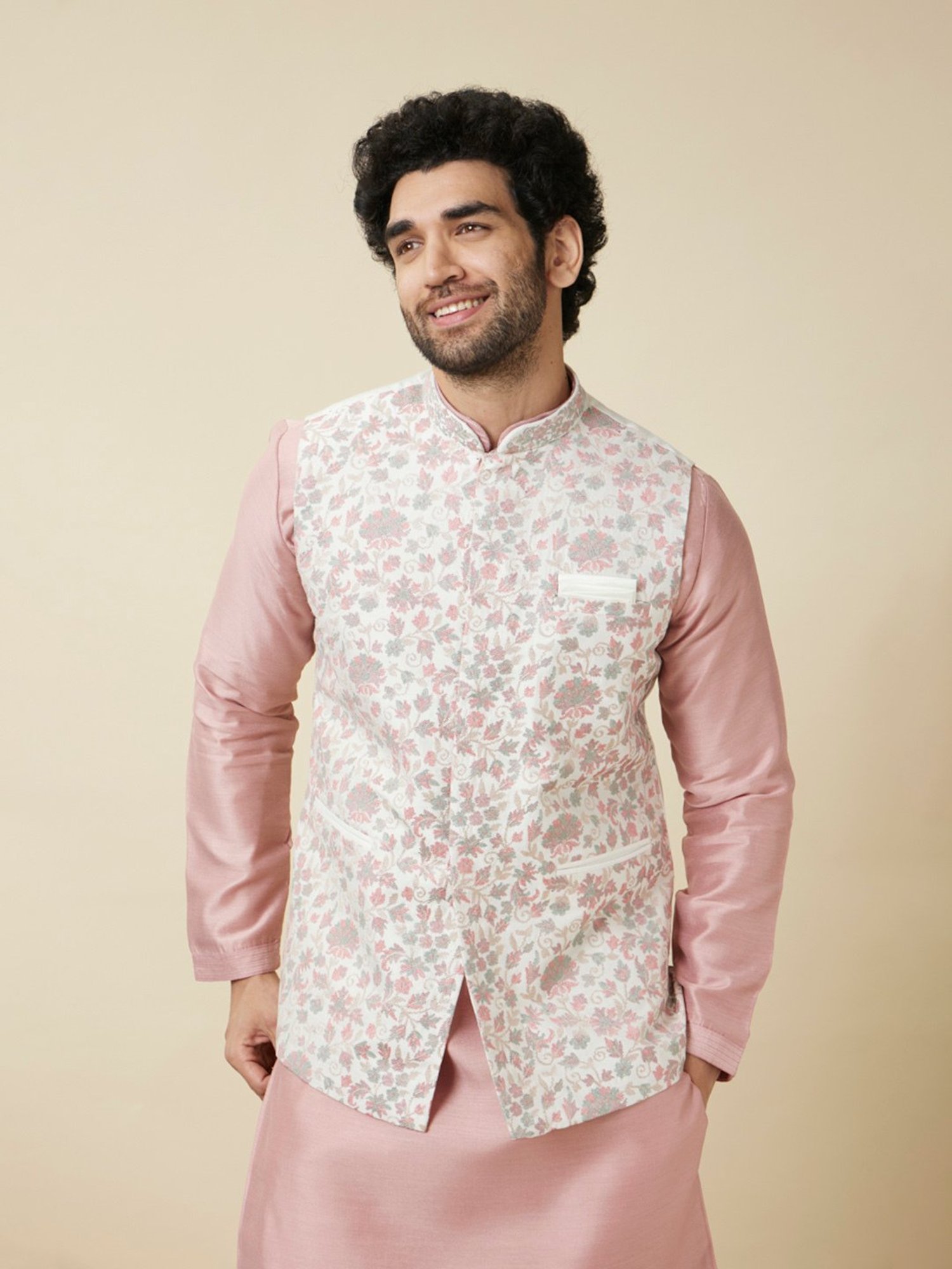 Manyavar White Regular Fit Printed Nehru Jacket