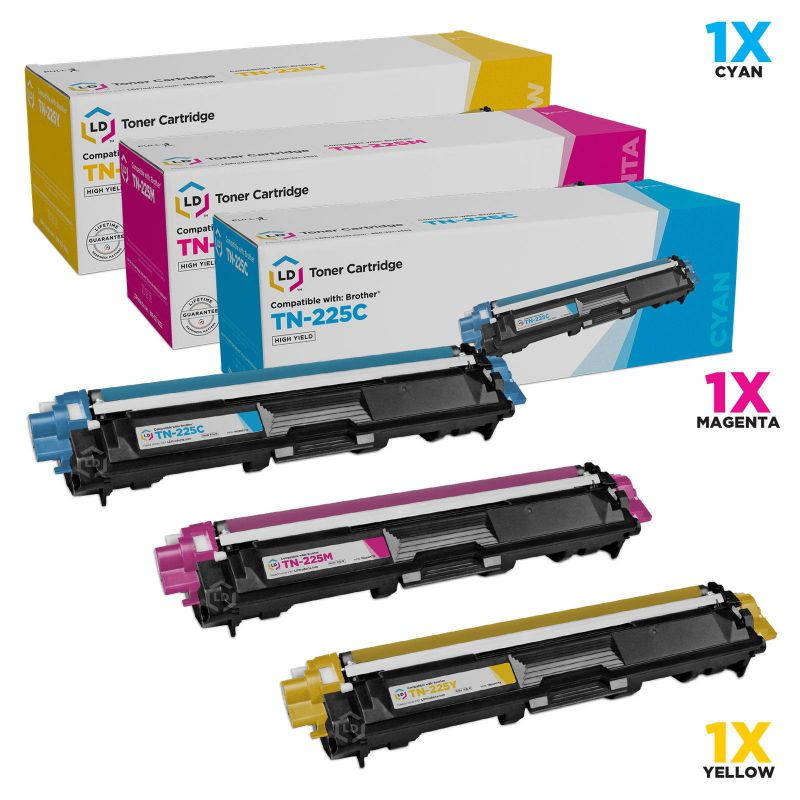 LD &copy; Brother Compatible TN225 Set of 3 laser toner Cartridges: 1 each of Cyan / Magenta / Yellow for use in the HL-3140CW. HL-3170CDW, MFC-9130CW, MFC-9330CDW & MFC9340CDW Printers