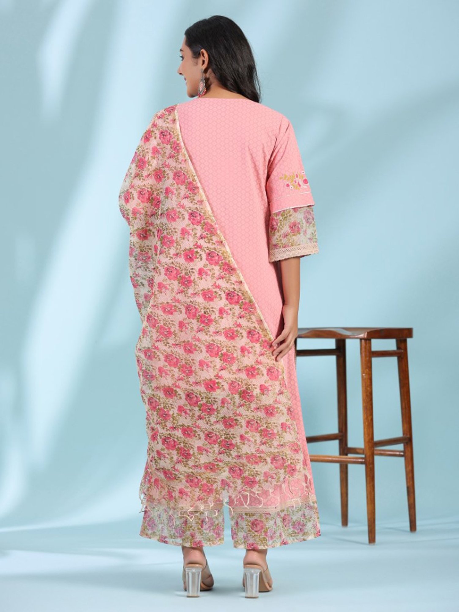 Juniper Pink Floral Printed & Laced Pure Cotton Kurta Palazzo Set With Printed Kota Doria Dupatta