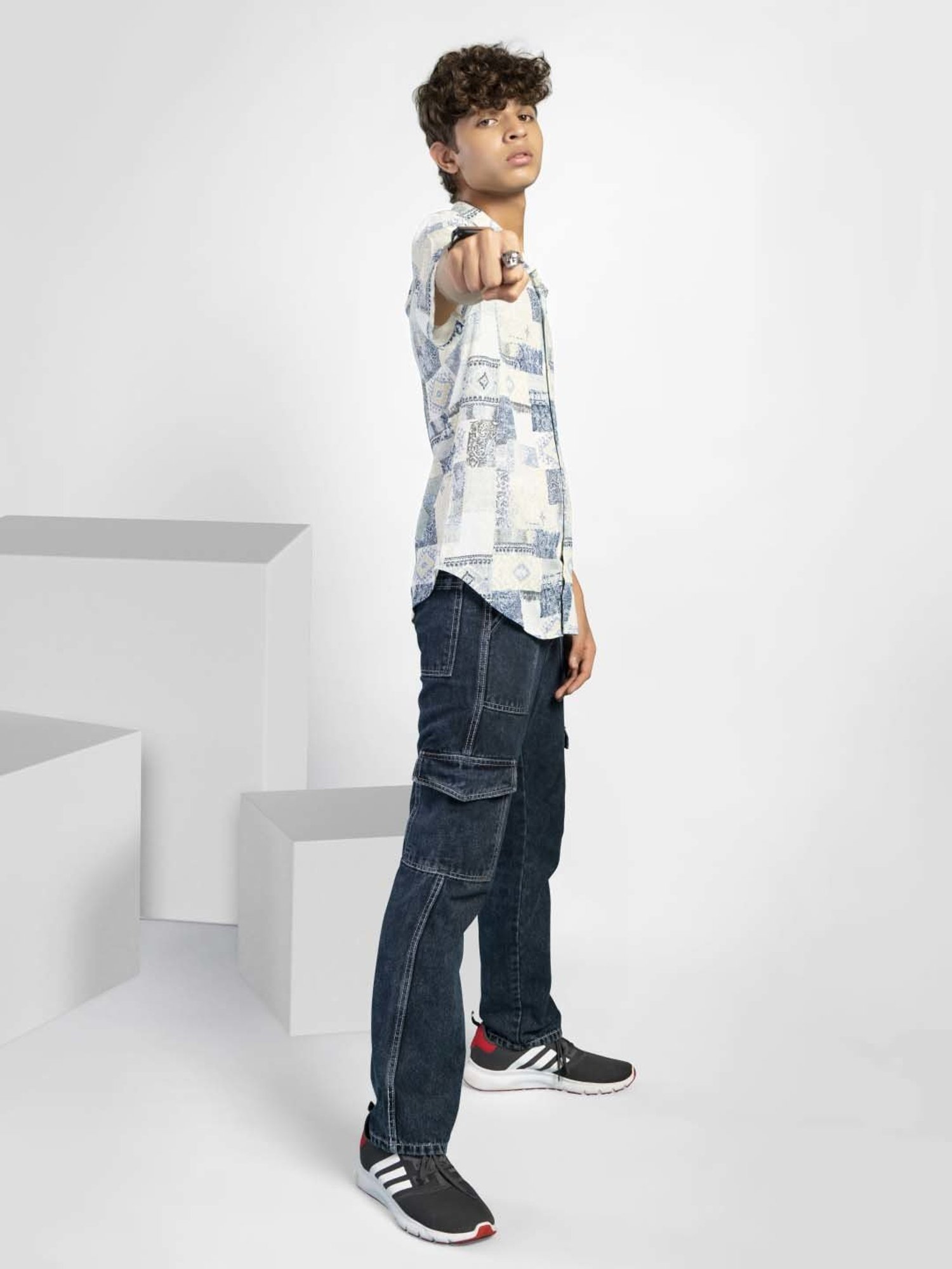 TeenTrums Kids Blue & White Cotton Printed Shirt