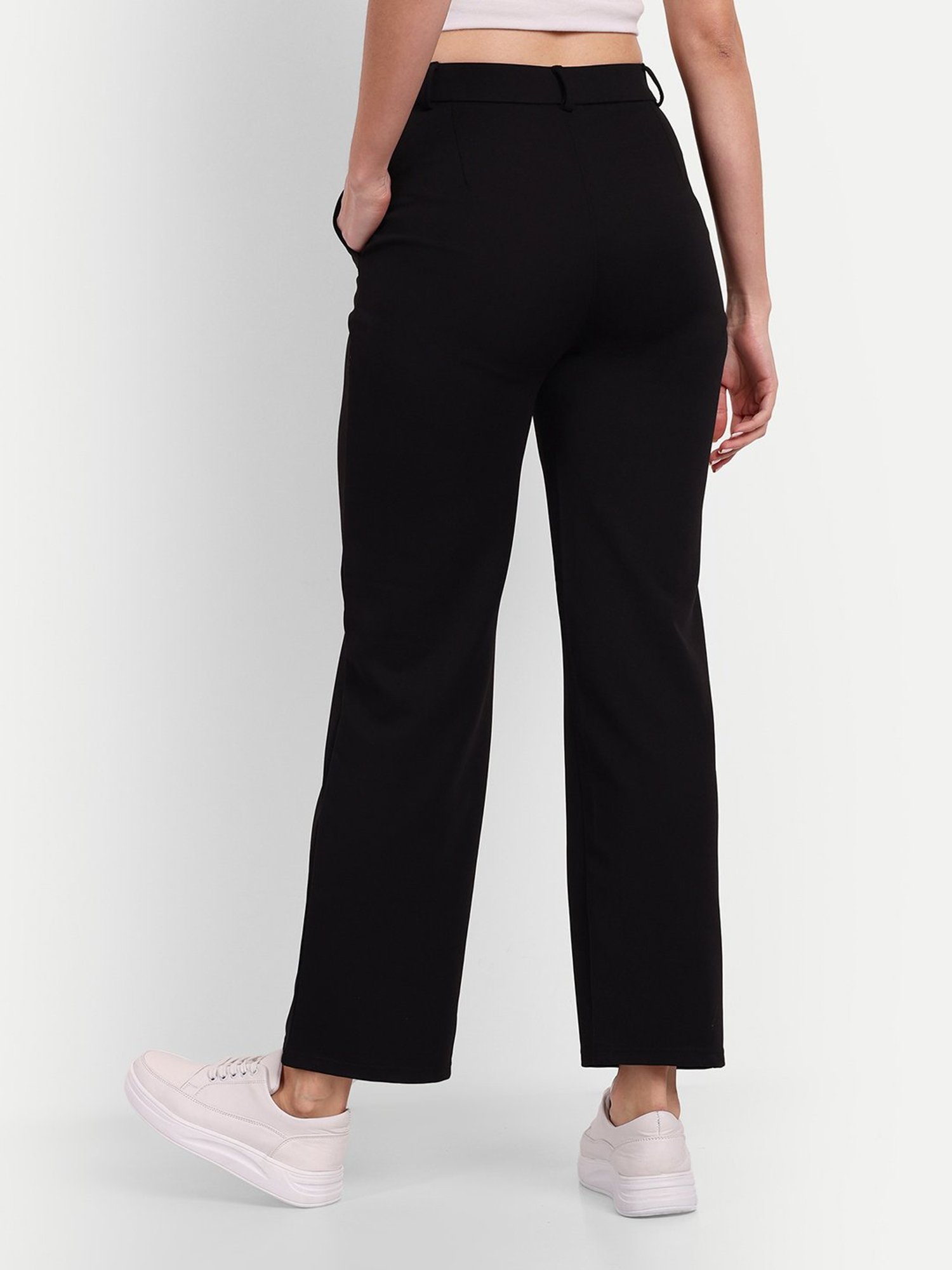 Broadstar Black Viscose Rayon Straight Fit High Rise Trousers