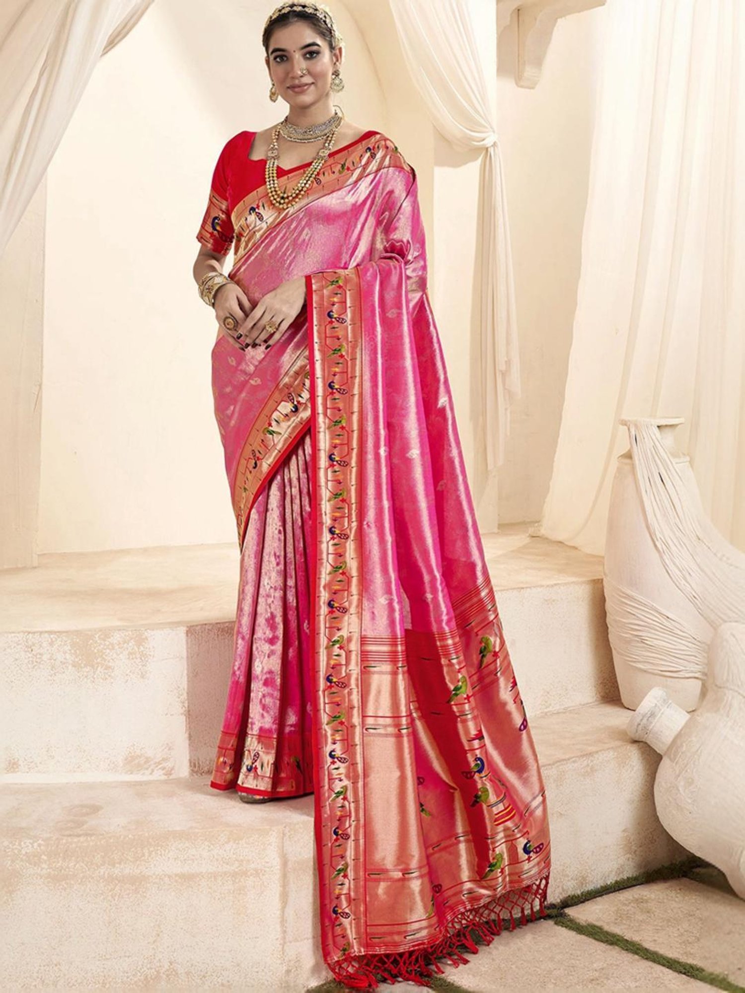 Satrani Pink Woven Saree With Unstitched Blouse