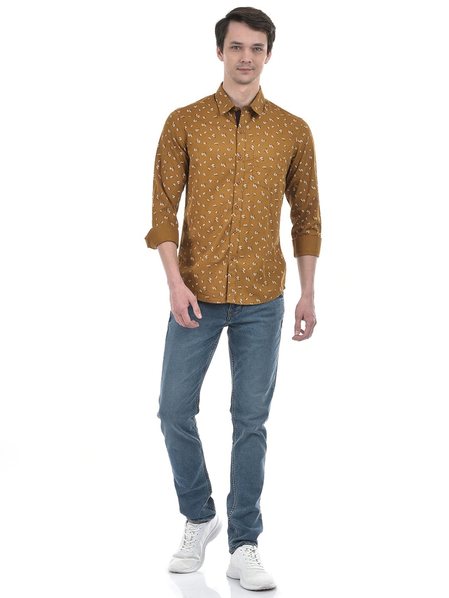 Numero Uno Brown Cotton Slim Fit Printed Shirt