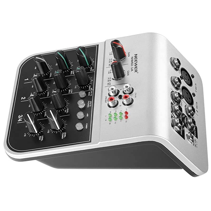 Mixing Console Compact Audio Sound 4Channel Mixer for Condenser Microphone with 48V Phantom Power 2 Band EQ 2way Stereo Line Input RCA InputOutput 4 Band LED Level Indicator NW021A