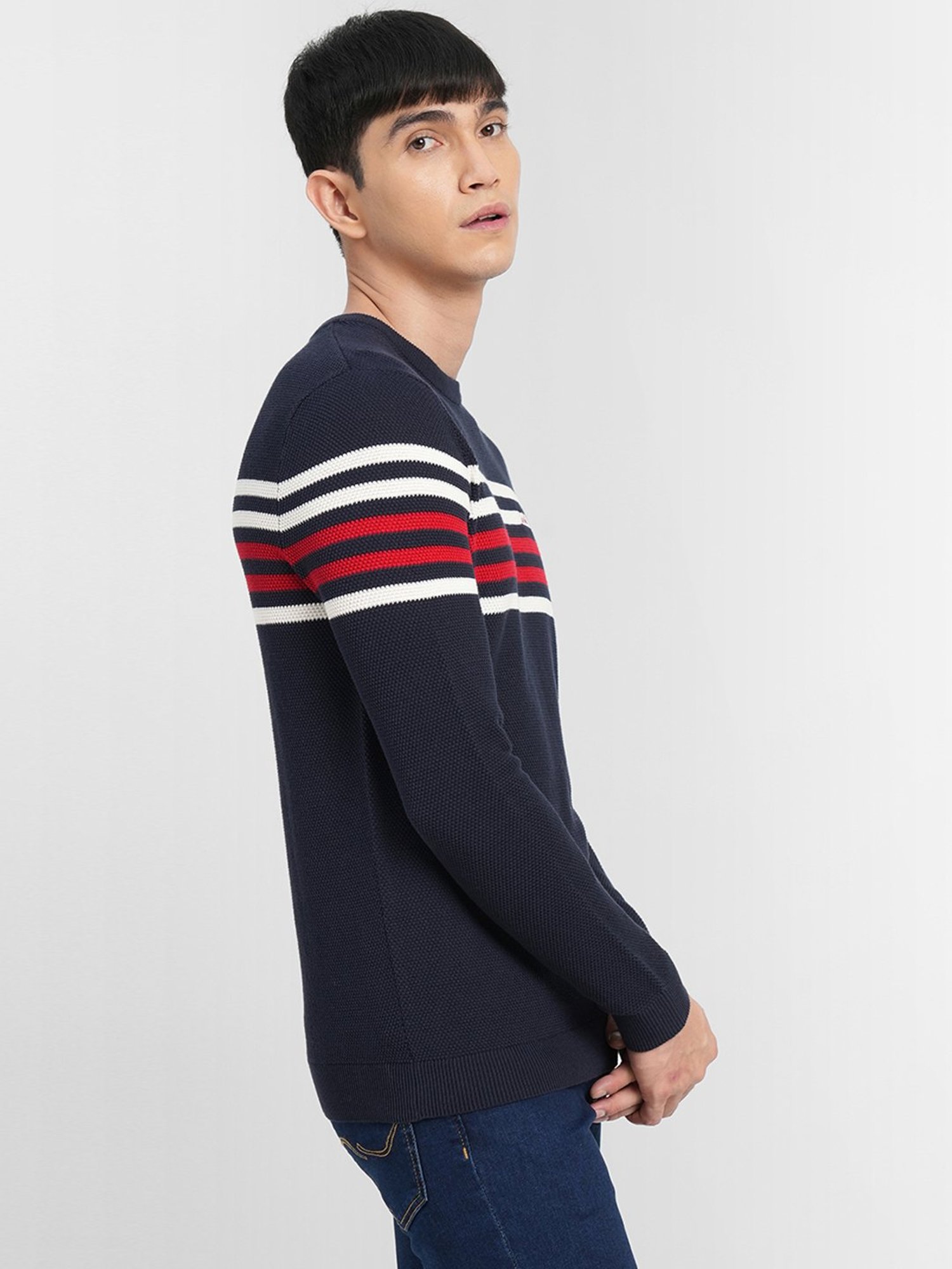 Jack & Jones Navy Blue Cotton Slim Fit Striped Sweater