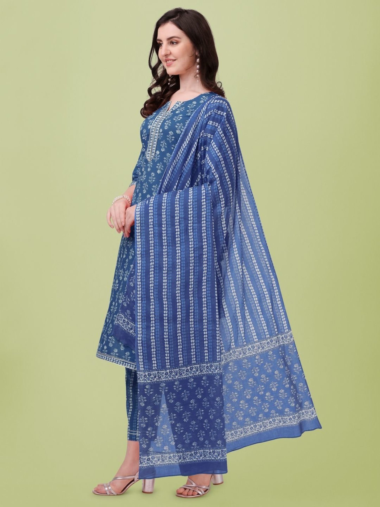 MIRCHI FASHION Cotton Blue Printed Kurta Pant Set With Dupatta