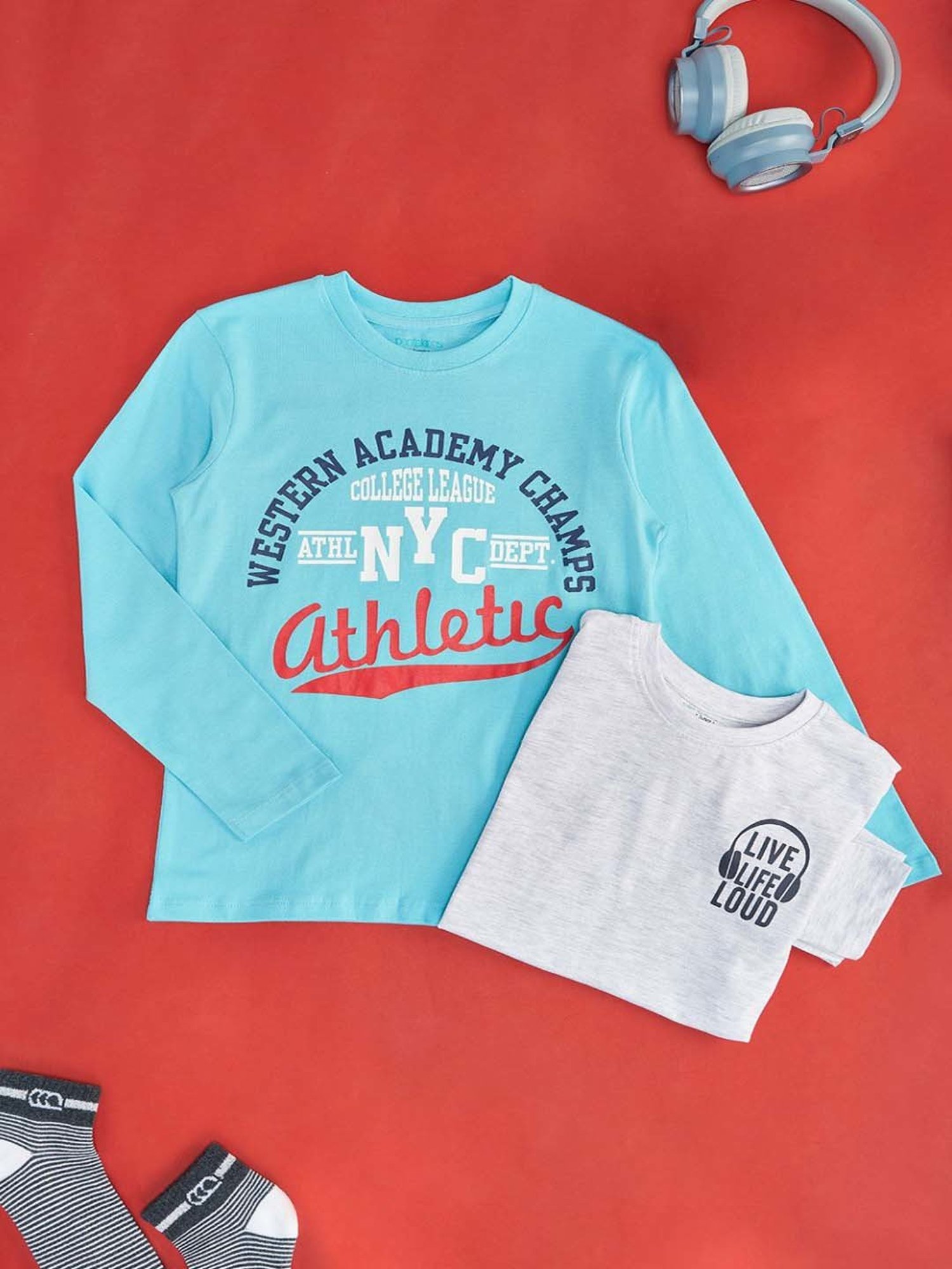 Pantaloons Baby Kids Blue & White Cotton Printed Full Sleeves T-Shirt