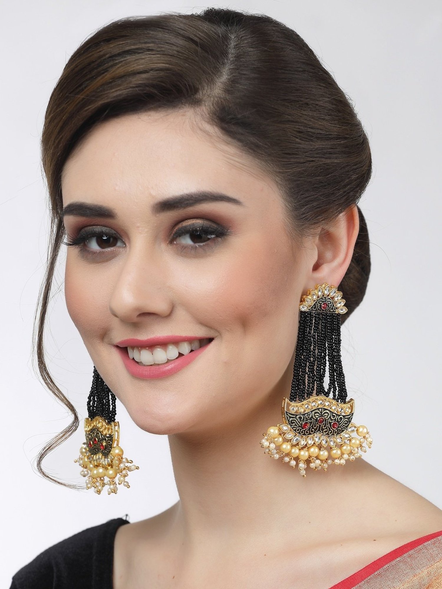 Moedbuille Meenakari Work Kundan & Pearl Studded Gold-Plated Traditional Tassel Dangler Earrings