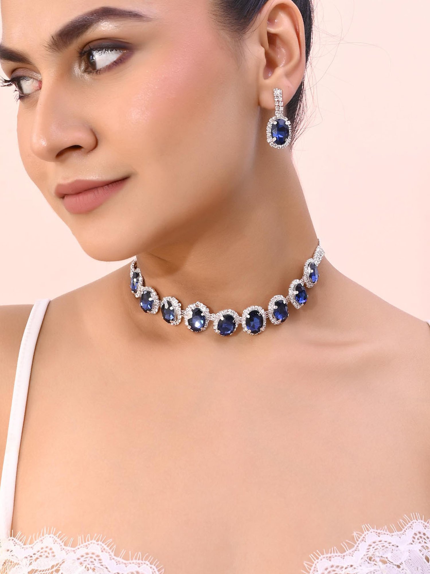 VOJ Silver Plated Ad-Stone Studded with Dark Blue Stone Choker Set for Women