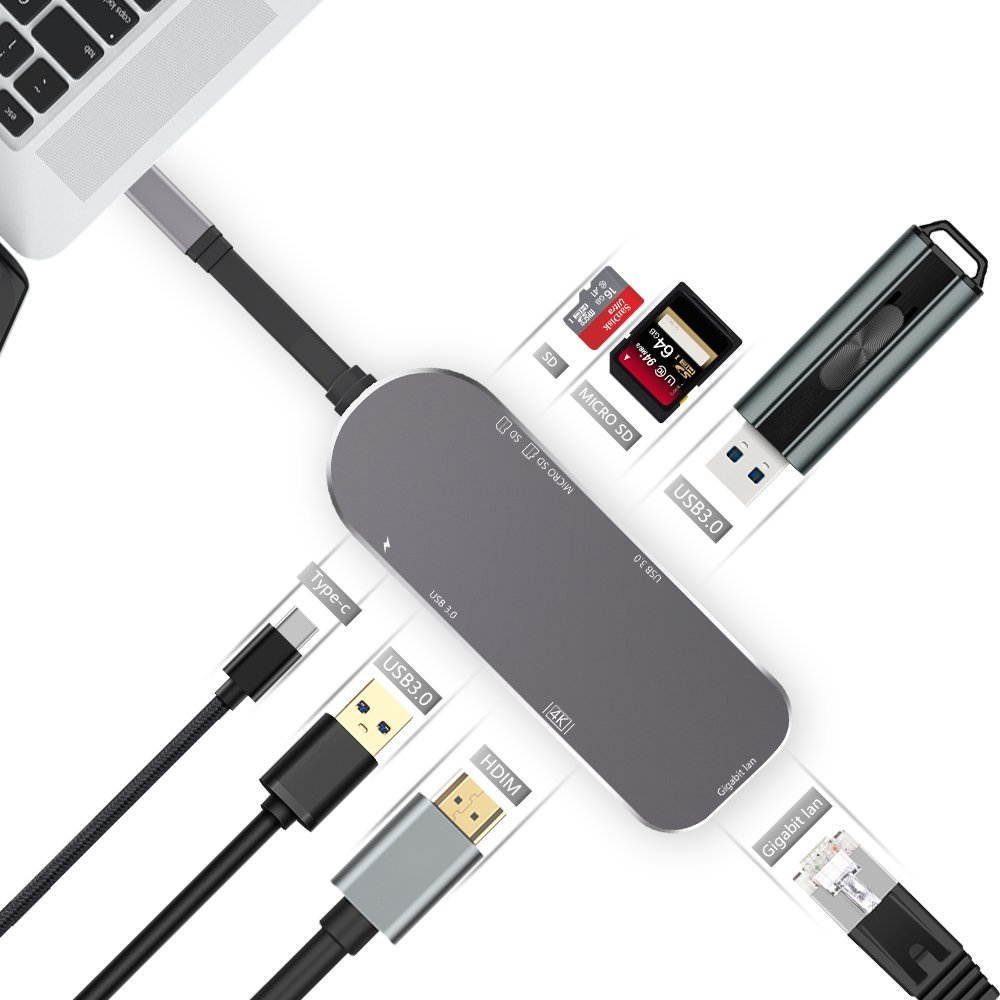 USB C Hub,Thunderbolt Type-C Adapter with 2 USB-C 3.0 Ports,SD/TF Card Reader,4K HDMI & PD Charging for Macbook Pro,Google Chromebook and More Type C Devices (Gray)