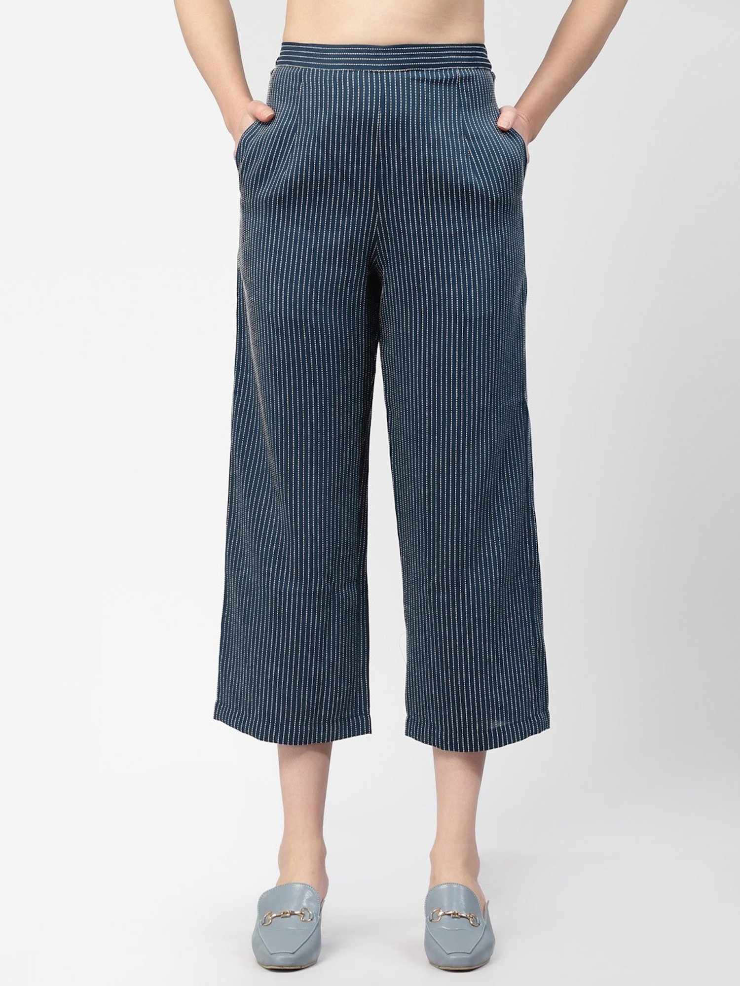 Office & You Dark Blue Striped Relaxed Fit Mid Rise Trousers