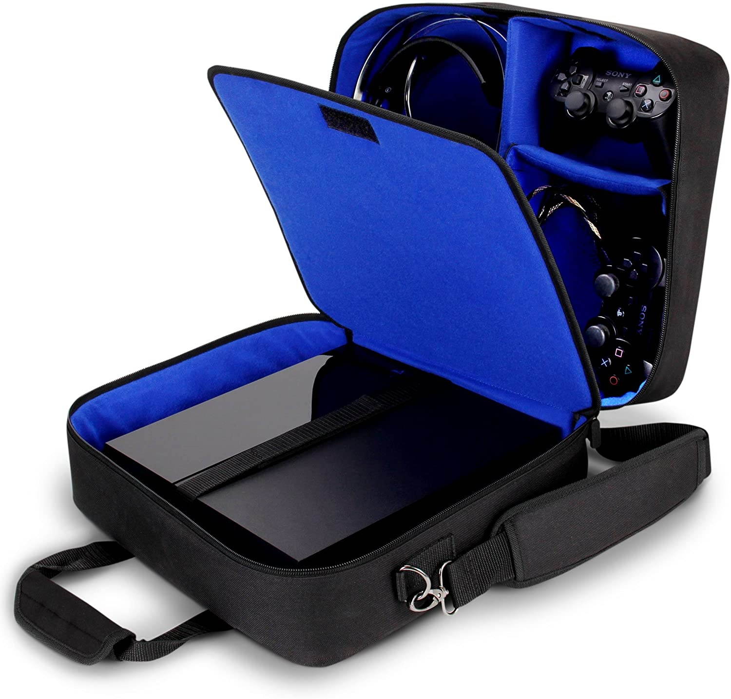 USA GEAR Console Carrying Case Compatible with Playstation 4 / PS4 Slim & PS4 Pro with Accessory Storage for Controllers, Cables, Headsets & Padded Shoulder Strap - Fits All PS4 & PS3 Models - Blue