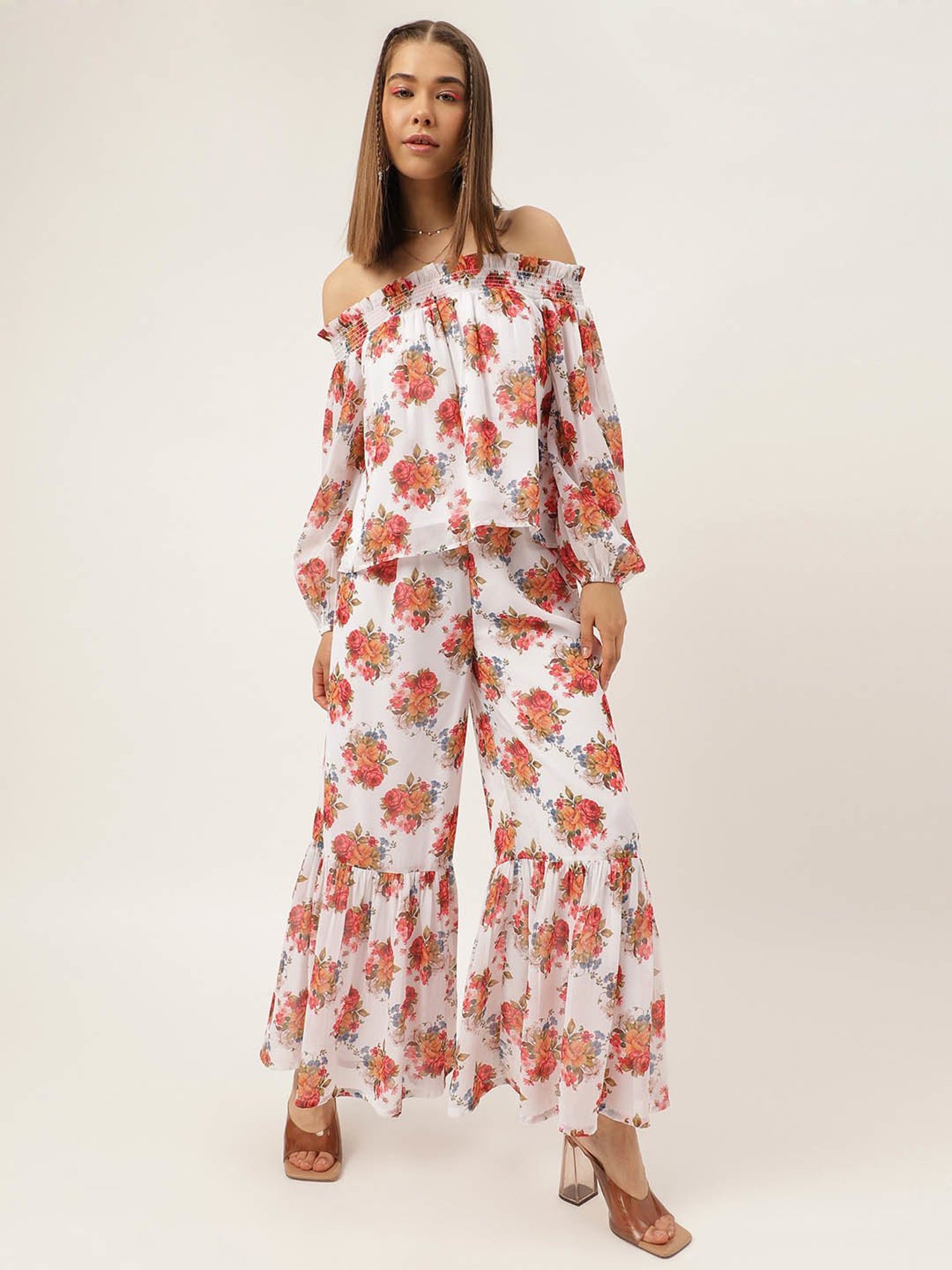 MASAKALI.CO White Floral Print Top With Sharara Pants