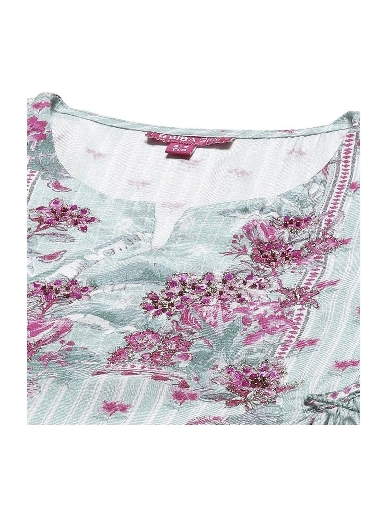 Biba Girls Sea Blue & Pink Floral Print Kurta Set