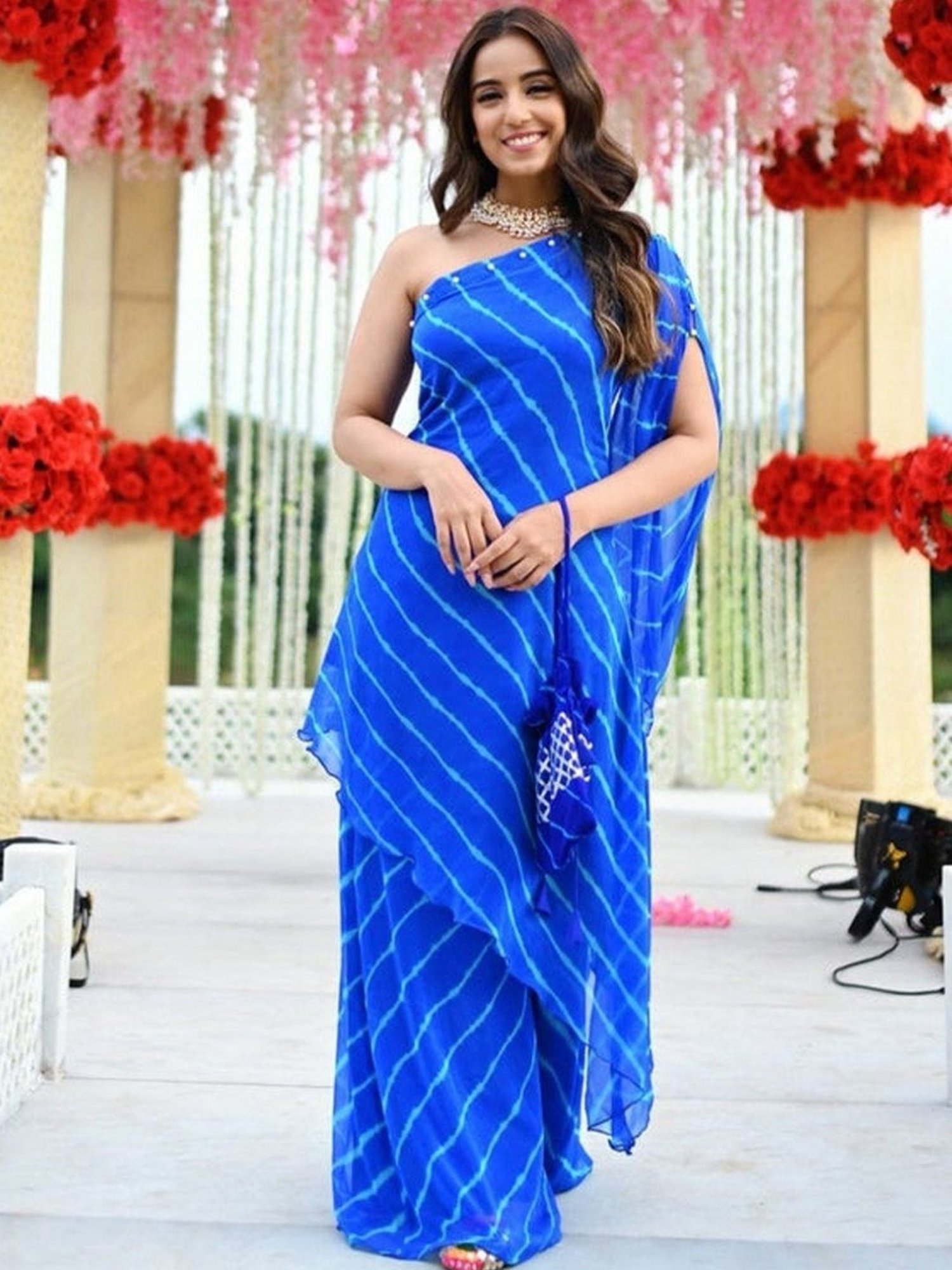 Thread and Button Blue Embellished One Shoulder Womens Kurta with Bottom