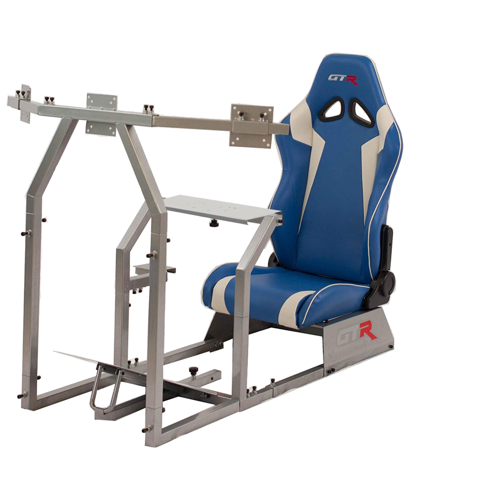 GTR Racing Simulator GTAF-S-S105LBKRD - GTA-F Model (Silver) Triple or Single Monitor Stand with Black/Red Adjustable Leatherette Seat, Racing Simulator Cockpit gaming chair Single Monitor Stand